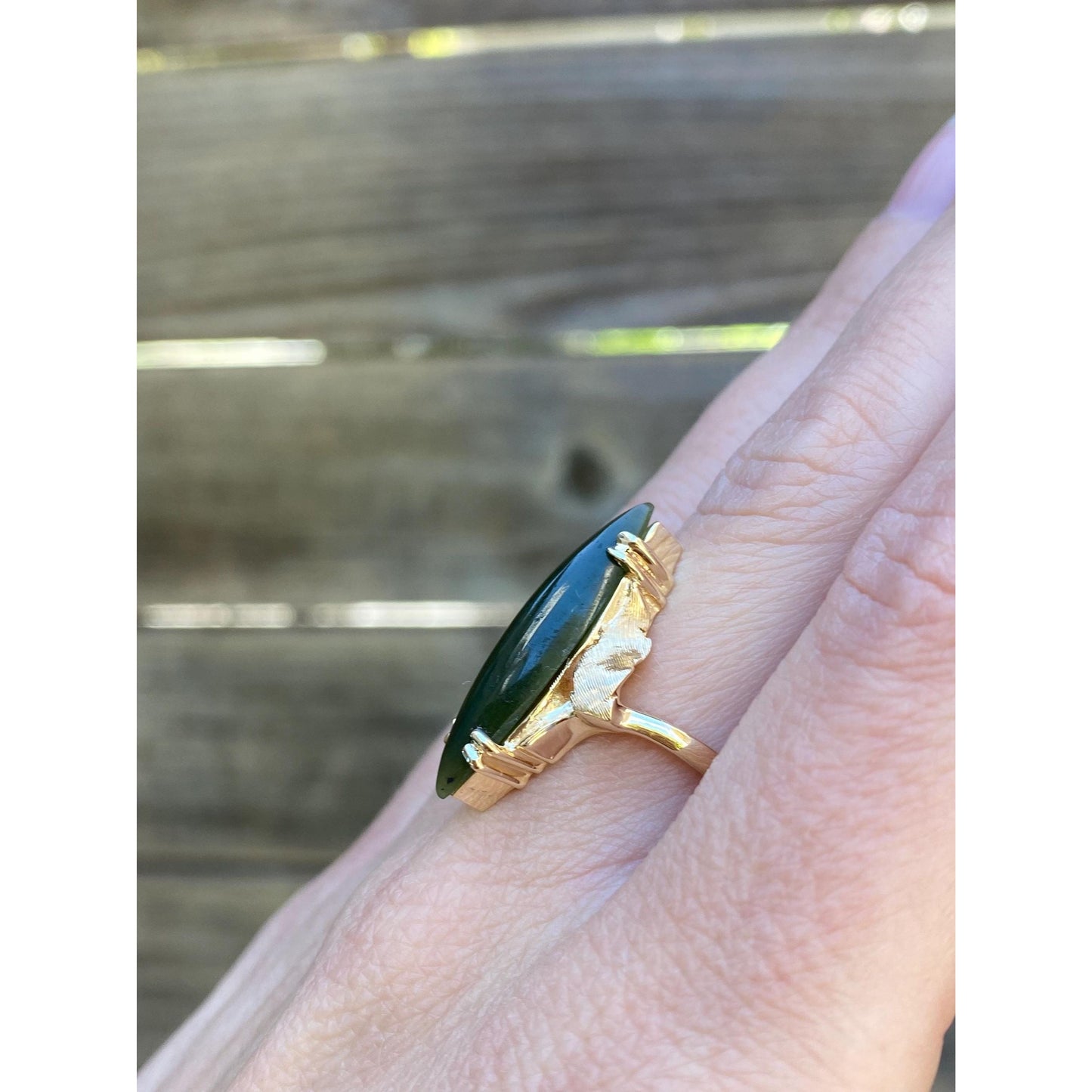 Vintage Solid 14k Yellow Gold Nephrite Marquis Ring - Size 7