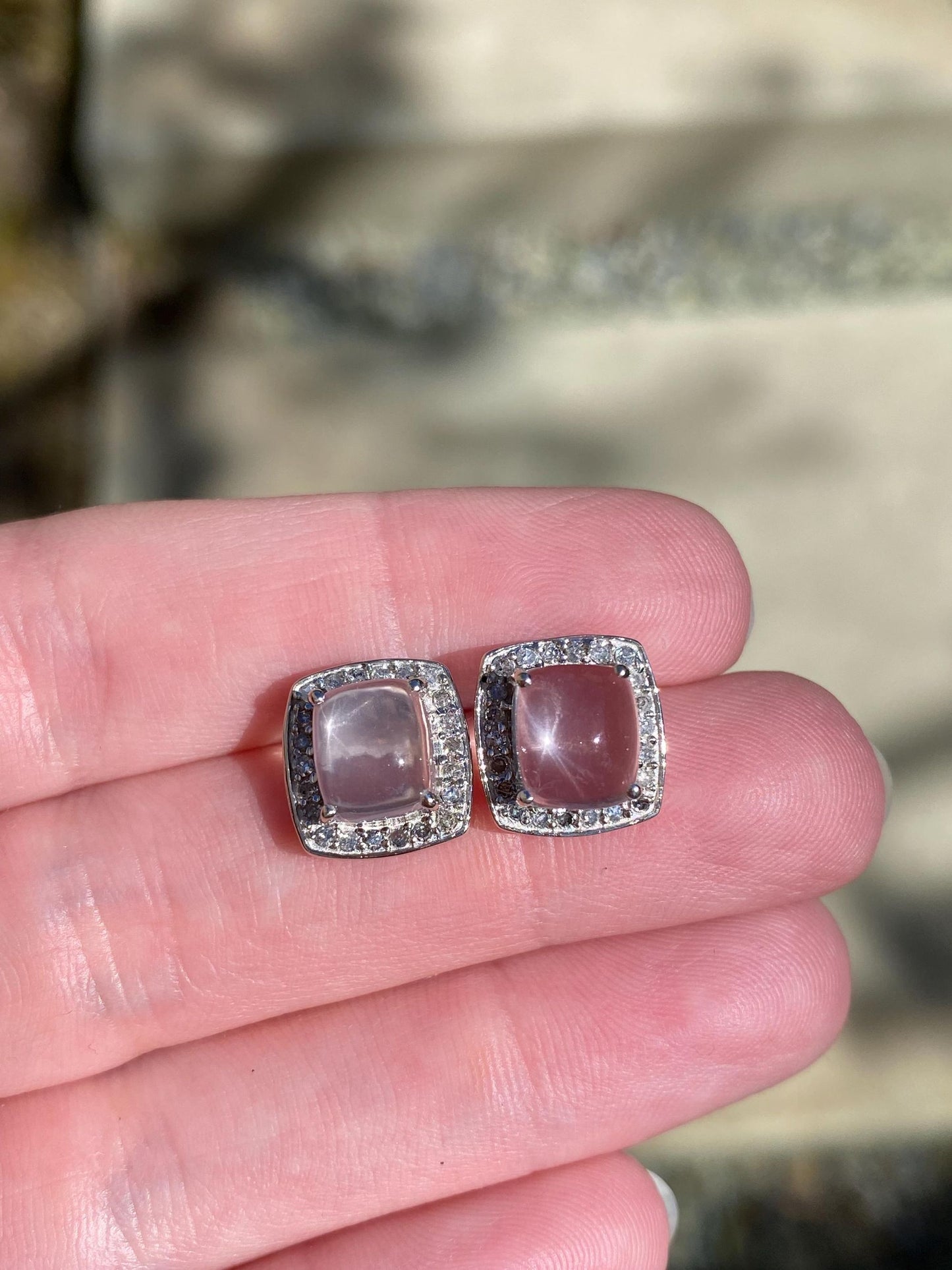 Vintage Solid 10k White Gold Rose Quartz Diamond Halo Stud Earrings