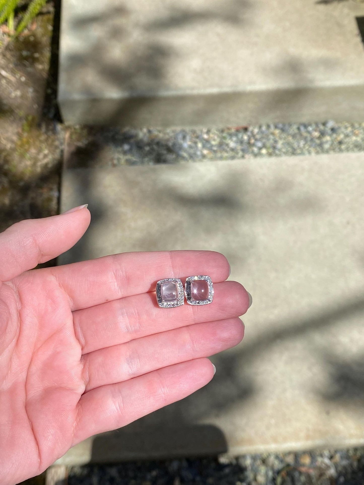 Vintage Solid 10k White Gold Rose Quartz Diamond Halo Stud Earrings
