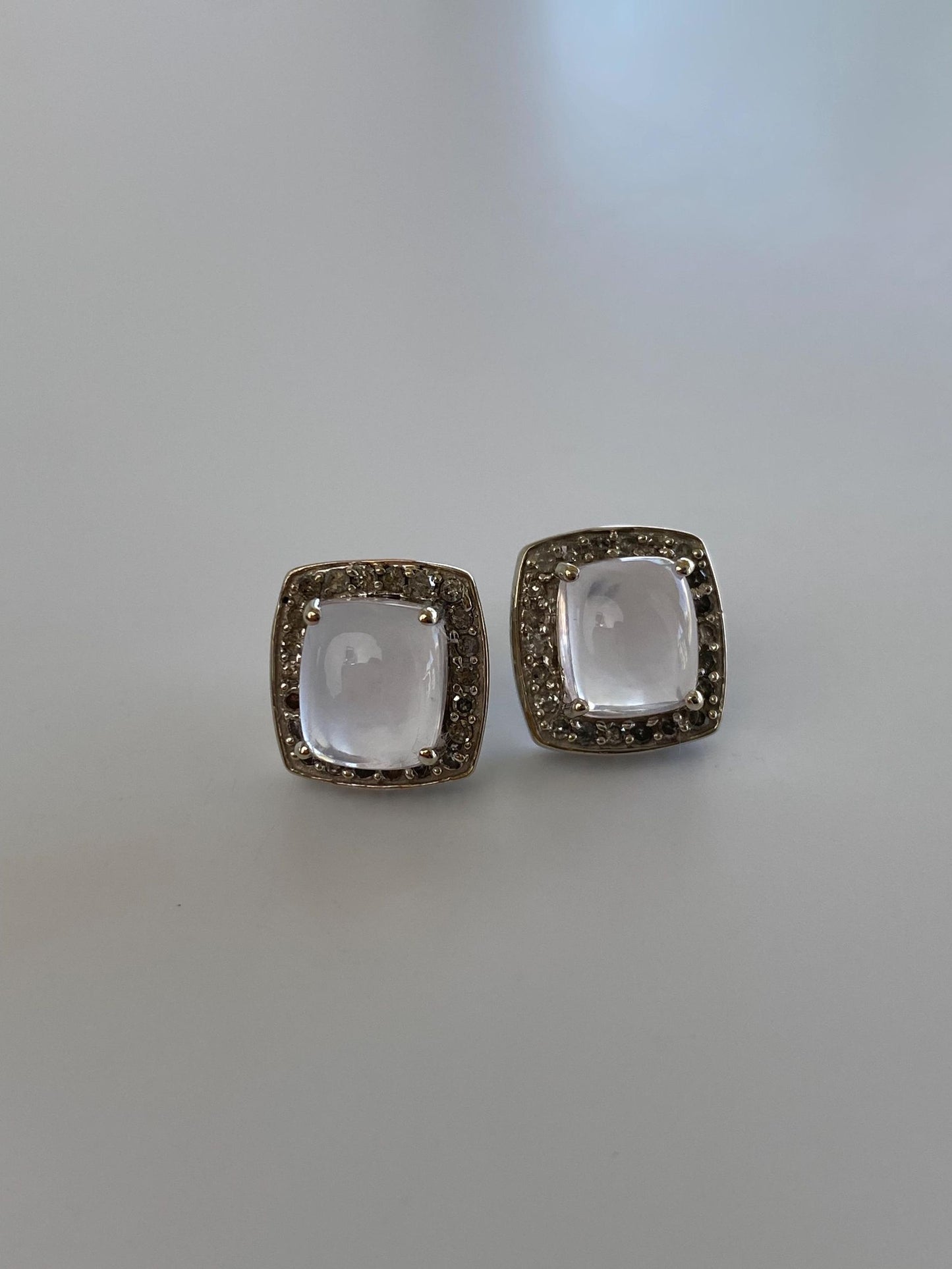Vintage Solid 10k White Gold Rose Quartz Diamond Halo Stud Earrings