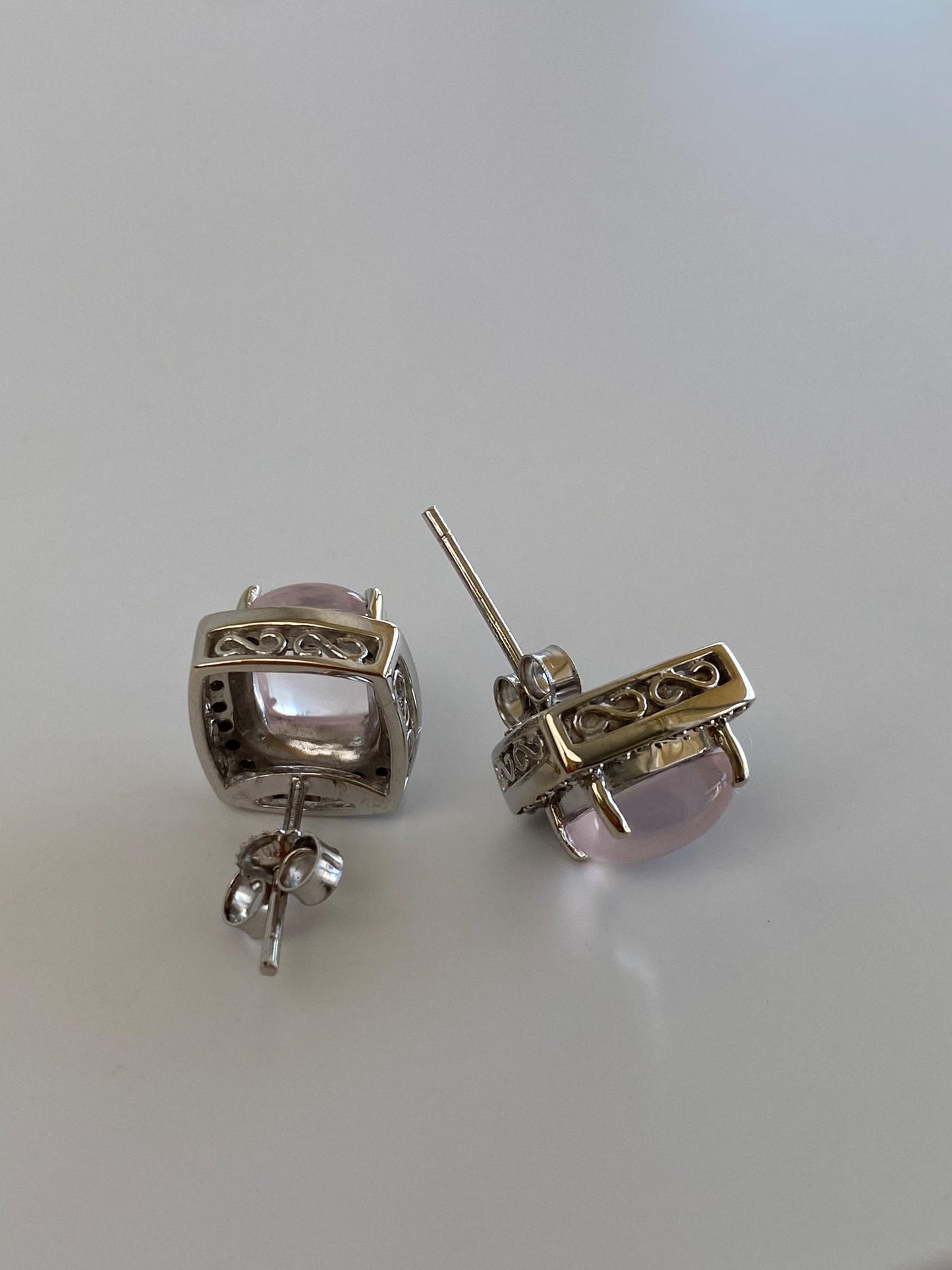 Vintage Solid 10k White Gold Rose Quartz Diamond Halo Stud Earrings