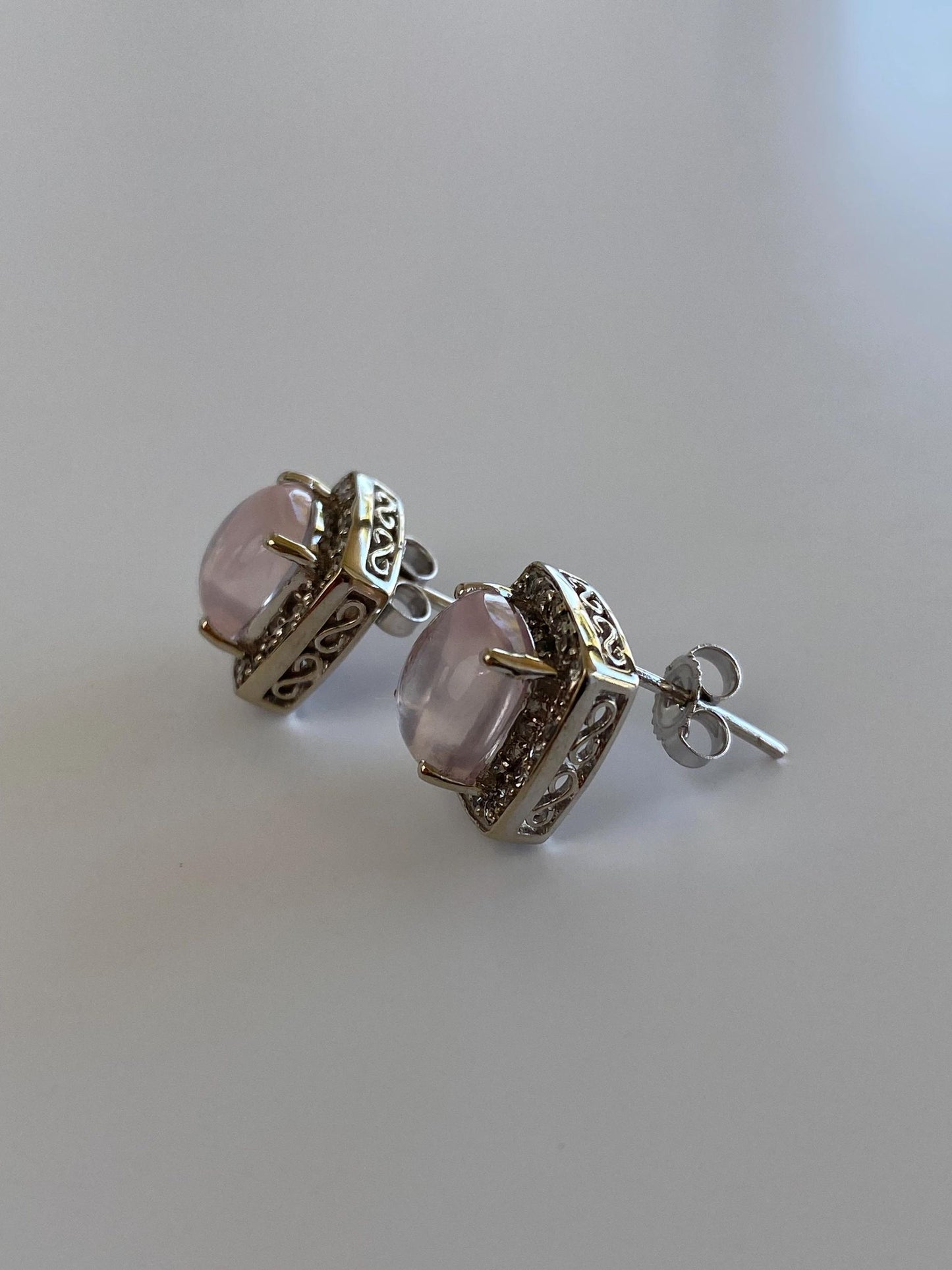 Vintage Solid 10k White Gold Rose Quartz Diamond Halo Stud Earrings