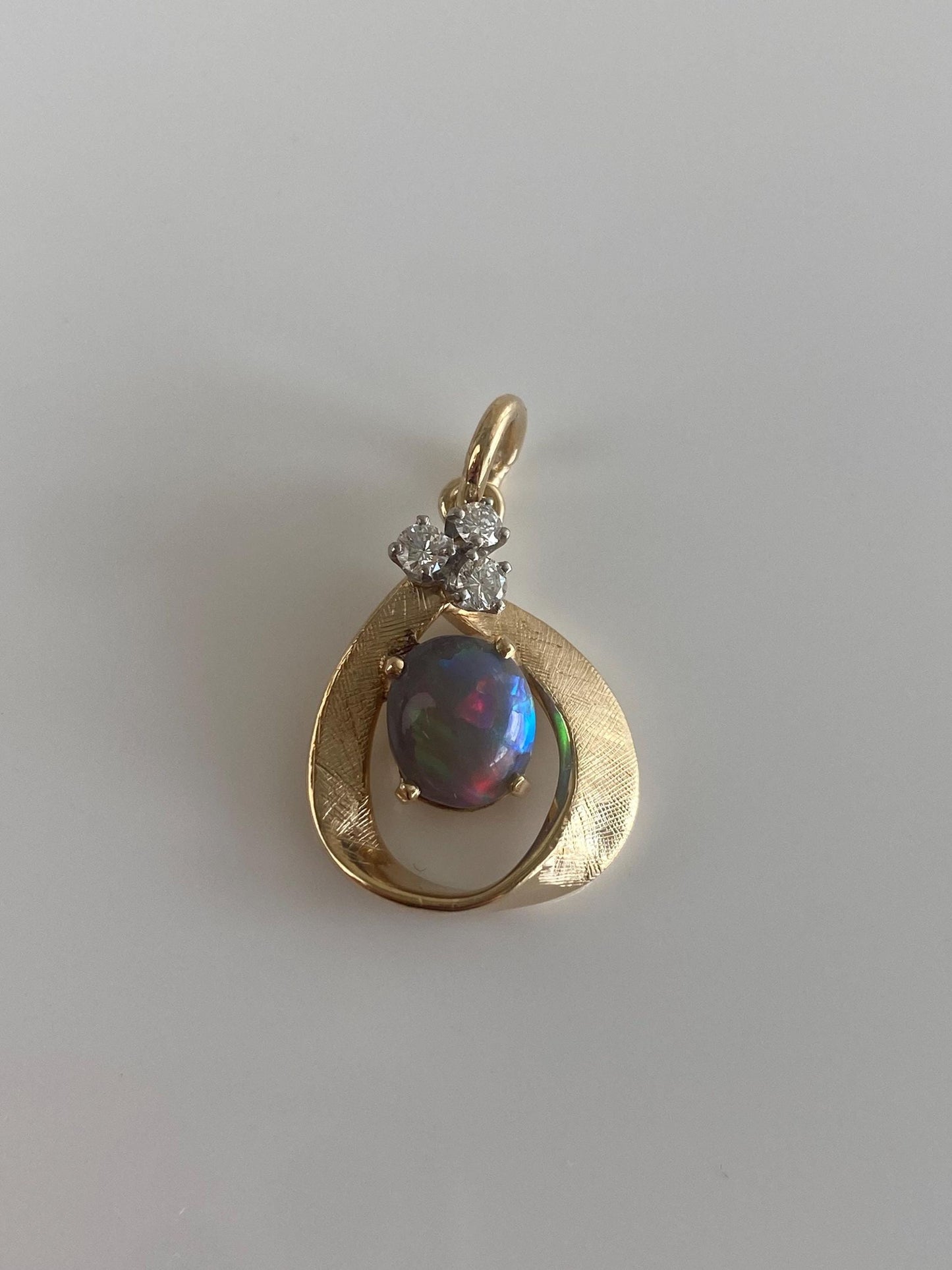 Vintage Solid 14k Yellow Gold Diamonds Opal Crosshatch Pattern Charm
