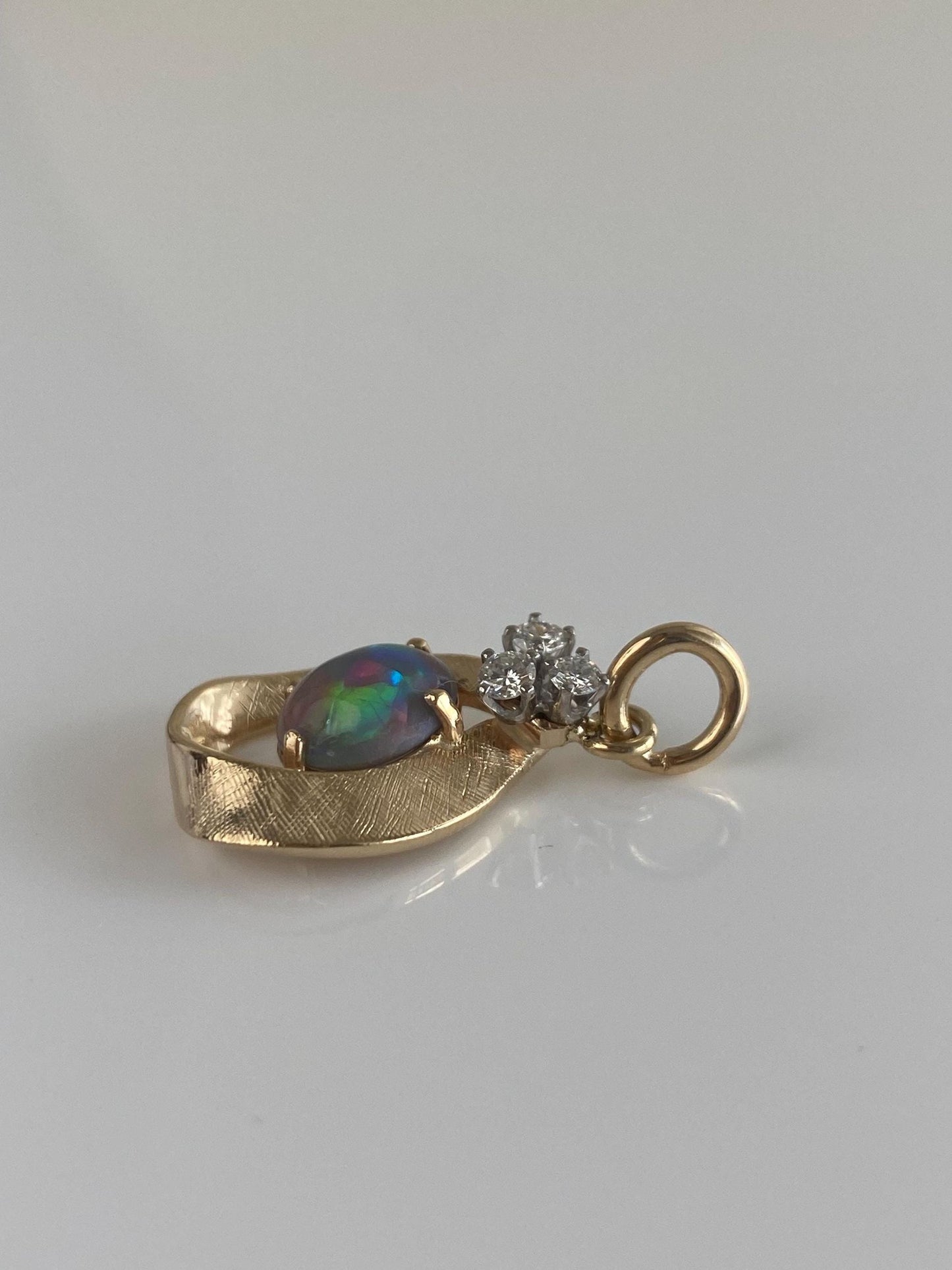 Vintage Solid 14k Yellow Gold Diamonds Opal Crosshatch Pattern Charm