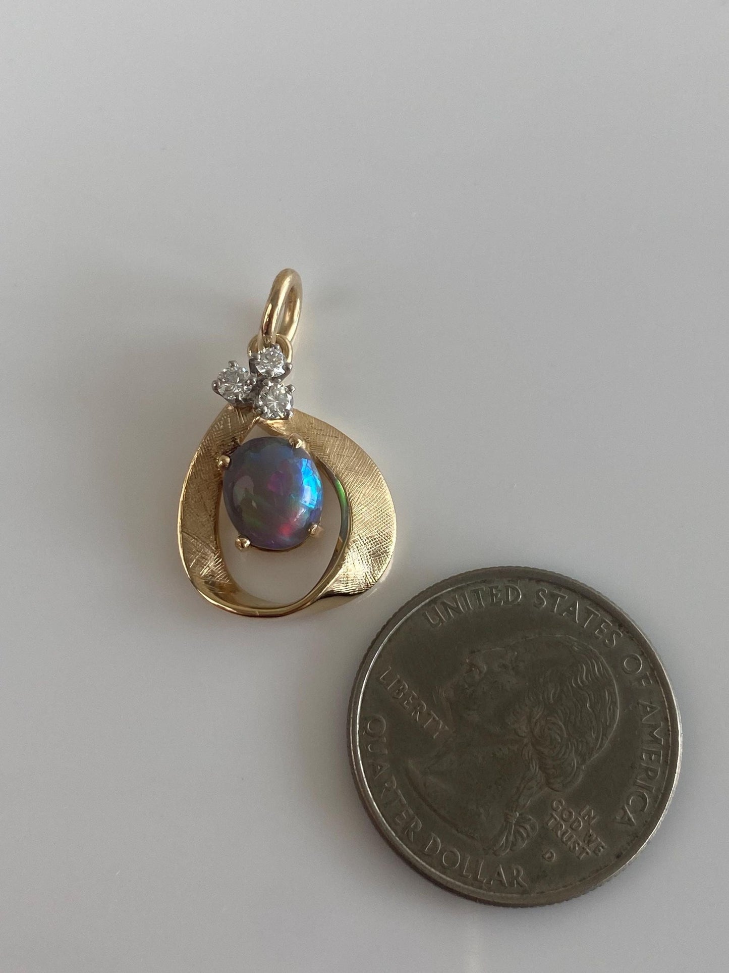 Vintage Solid 14k Yellow Gold Diamonds Opal Crosshatch Pattern Charm