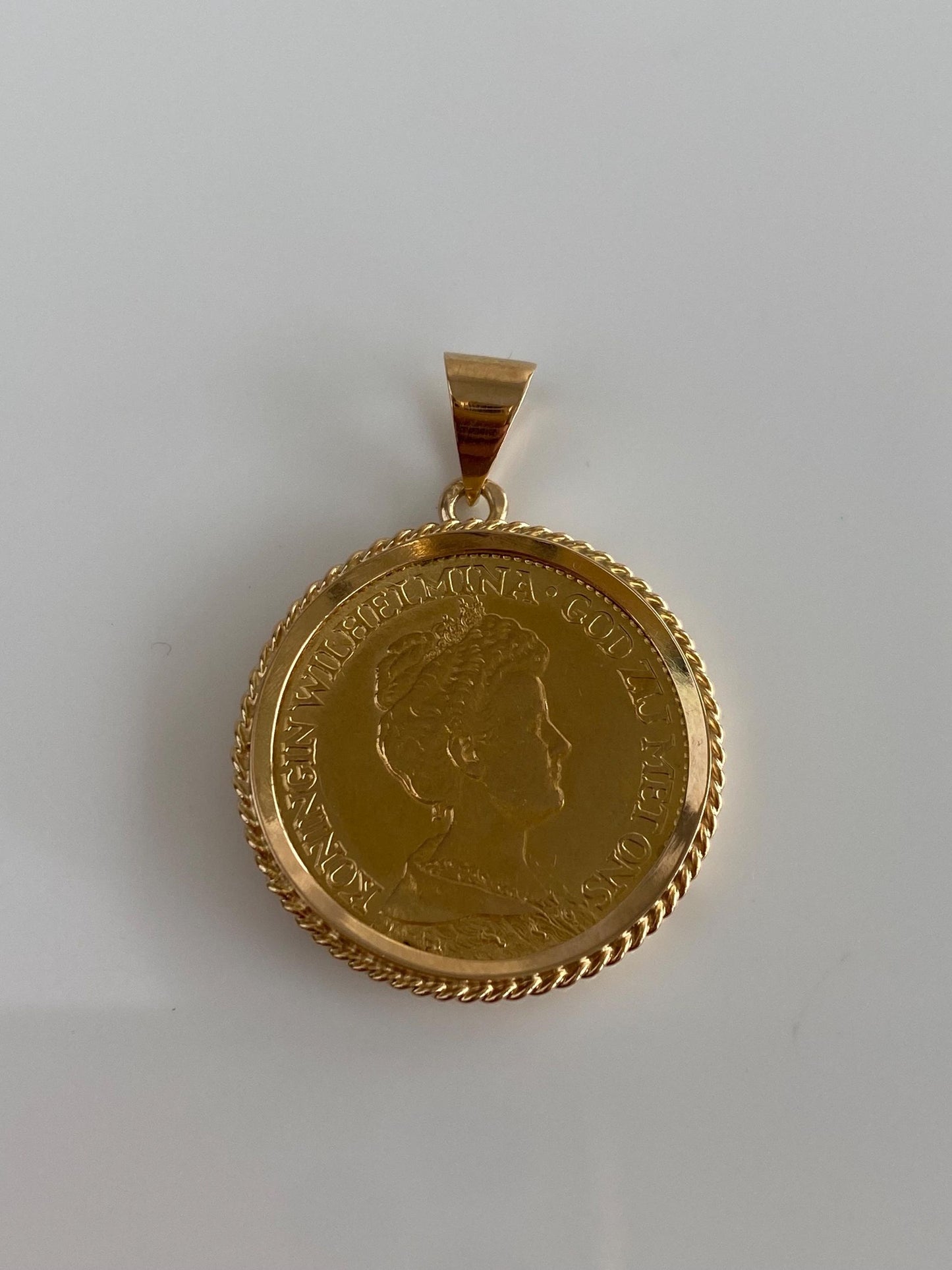 Vintage Solid 22k Yellow Gold 1917 Netherlands Gold Coin in 14k Frame Charm