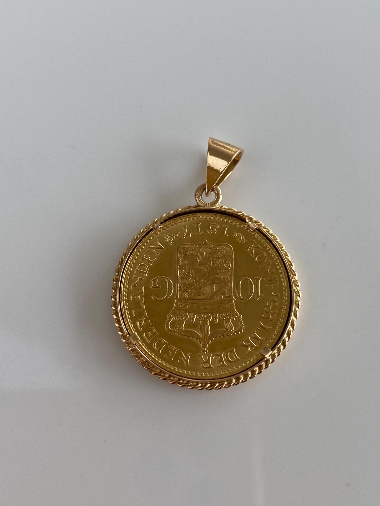 Vintage Solid 22k Yellow Gold 1917 Netherlands Gold Coin in 14k Frame Charm