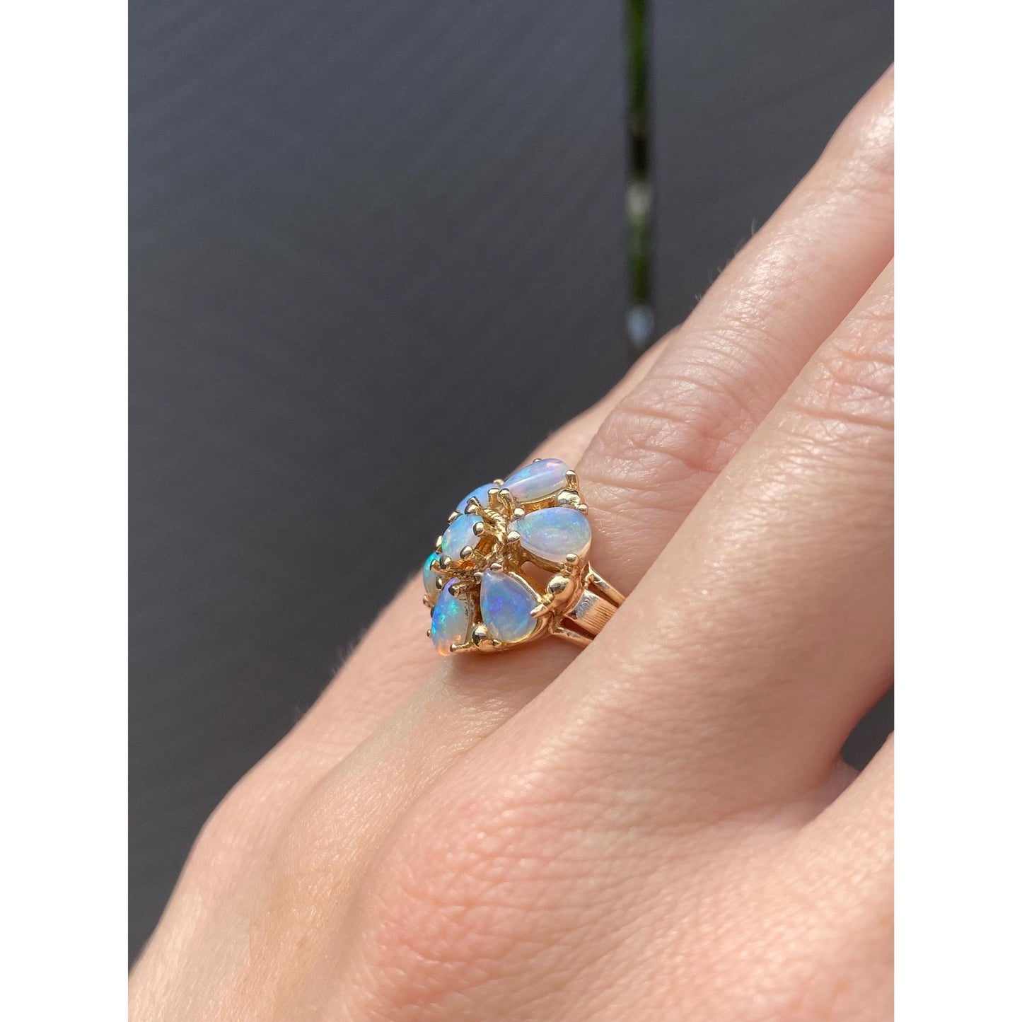 Vintage Solid 14k Yellow Gold Opal Cluster Ring - Size 5