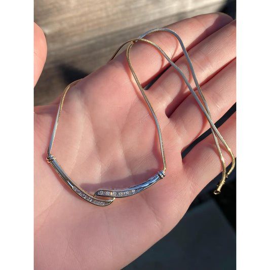 Vintage Solid 10k White & Yellow Gold Diamond Twist Flat Snake Chain Necklace - 16.5 inches