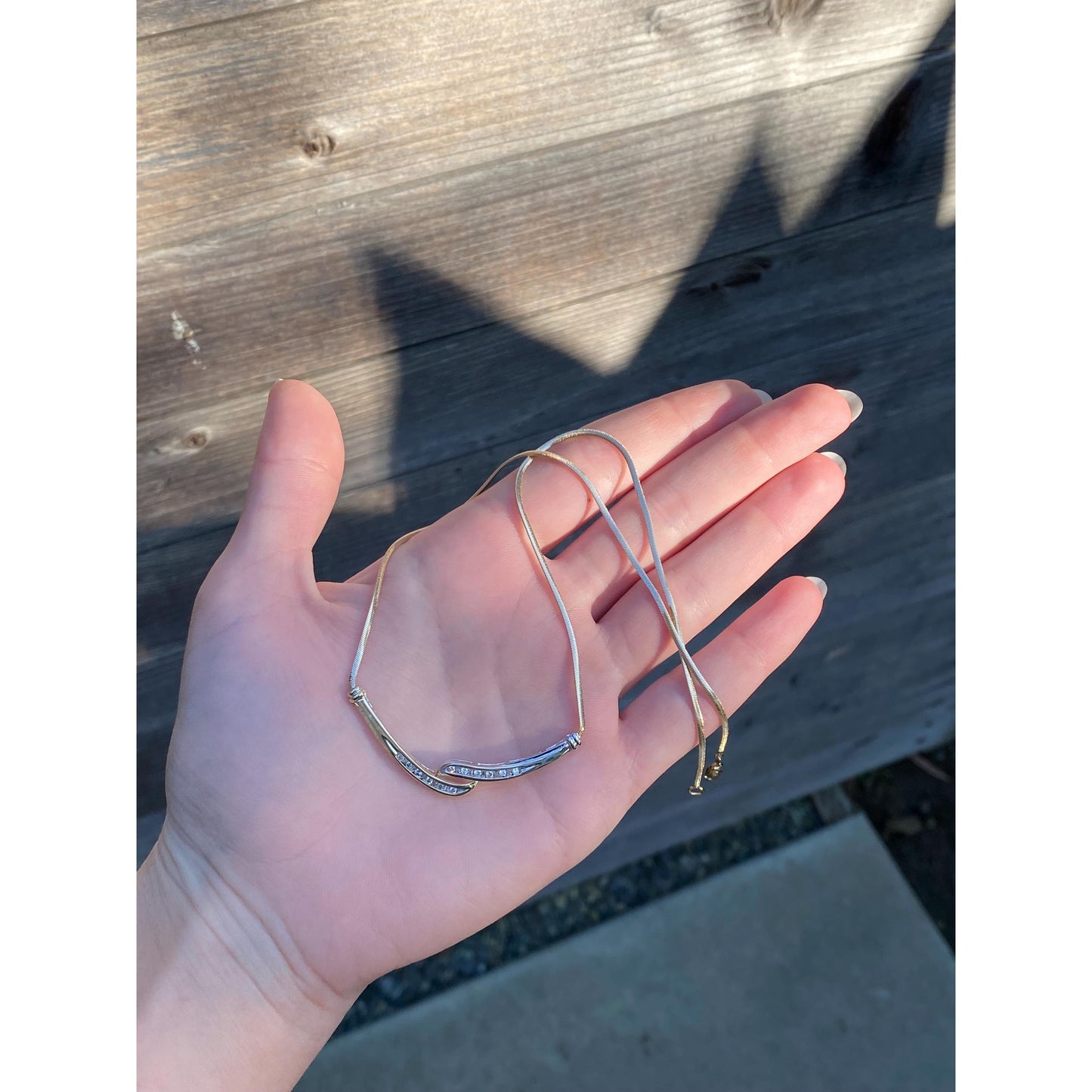 Vintage Solid 10k White & Yellow Gold Diamond Twist Flat Snake Chain Necklace - 16.5 inches