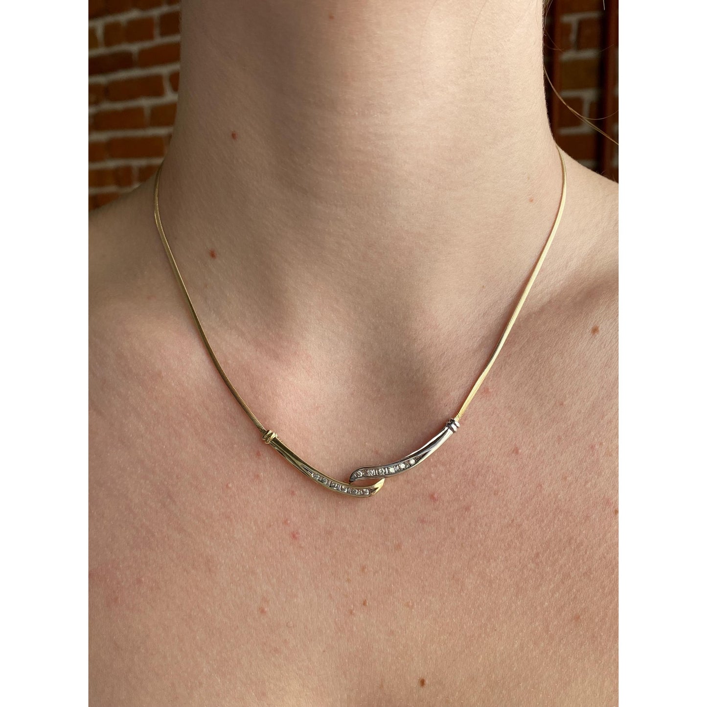 Vintage Solid 10k White & Yellow Gold Diamond Twist Flat Snake Chain Necklace - 16.5 inches