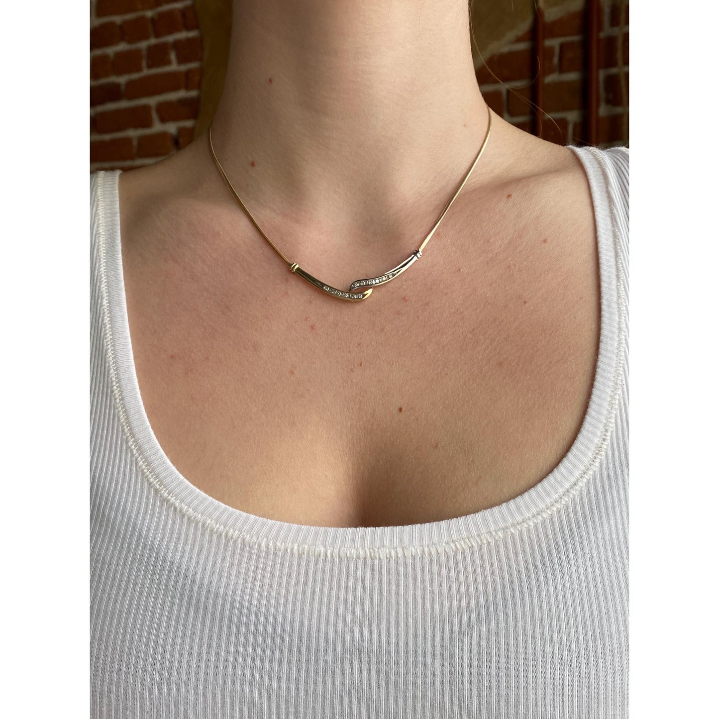 Vintage Solid 10k White & Yellow Gold Diamond Twist Flat Snake Chain Necklace - 16.5 inches