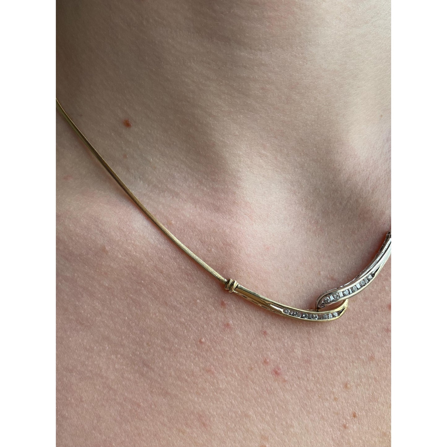 Vintage Solid 10k White & Yellow Gold Diamond Twist Flat Snake Chain Necklace - 16.5 inches