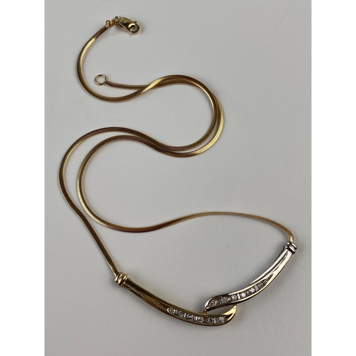 Vintage Solid 10k White & Yellow Gold Diamond Twist Flat Snake Chain Necklace - 16.5 inches