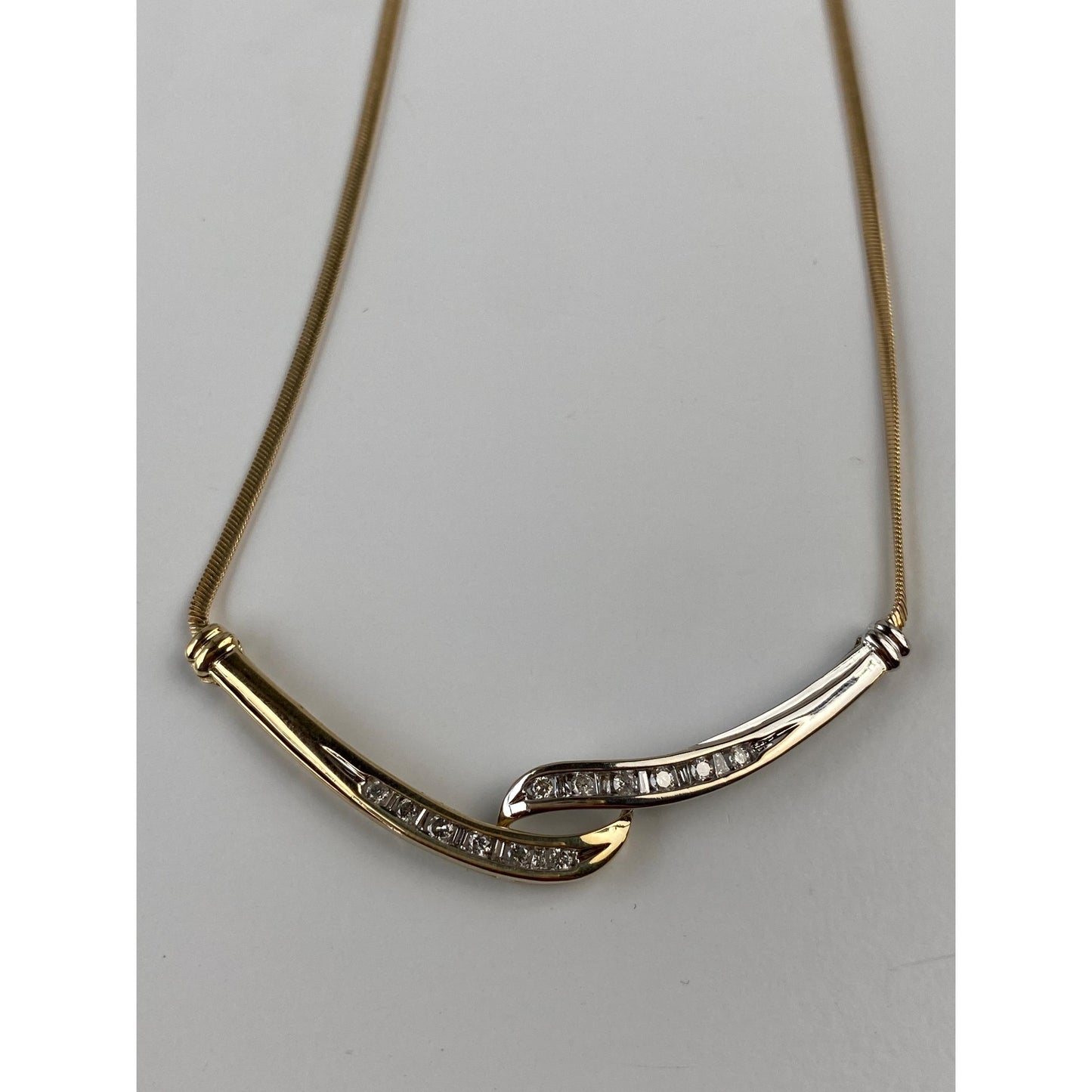 Vintage Solid 10k White & Yellow Gold Diamond Twist Flat Snake Chain Necklace - 16.5 inches