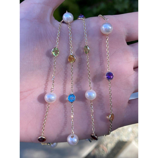 Solid 14k Yellow Gold Pearl Peridot Amethyst Citrine Topaz Biker Link Chain Necklace - 38.5 inches