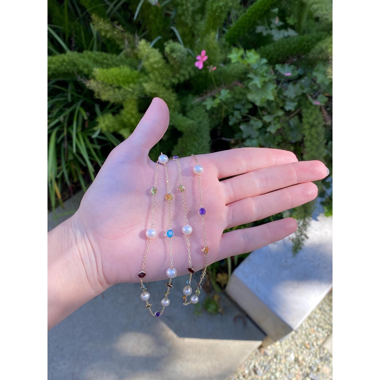 Solid 14k Yellow Gold Pearl Peridot Amethyst Citrine Topaz Biker Link Chain Necklace - 38.5 inches