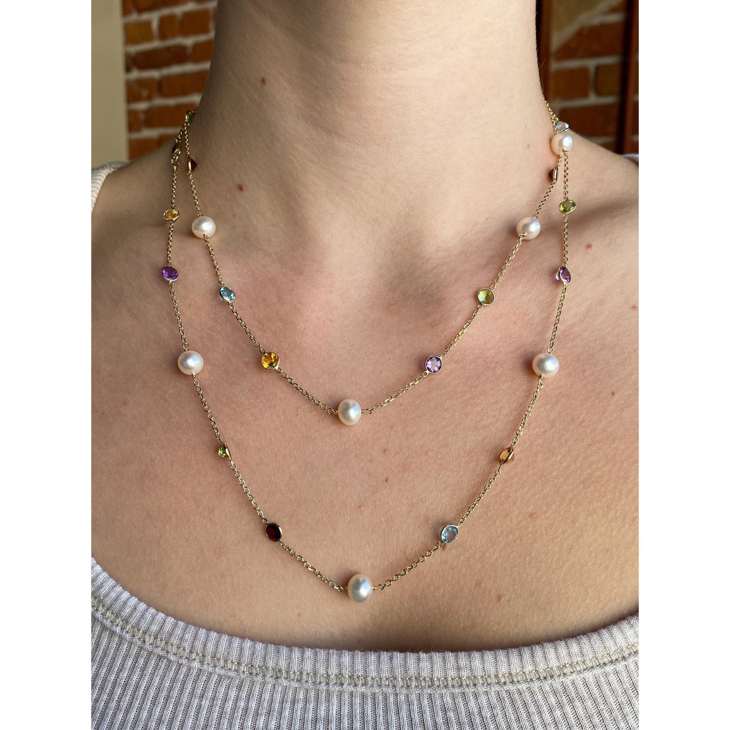 Solid 14k Yellow Gold Pearl Peridot Amethyst Citrine Topaz Biker Link Chain Necklace - 38.5 inches