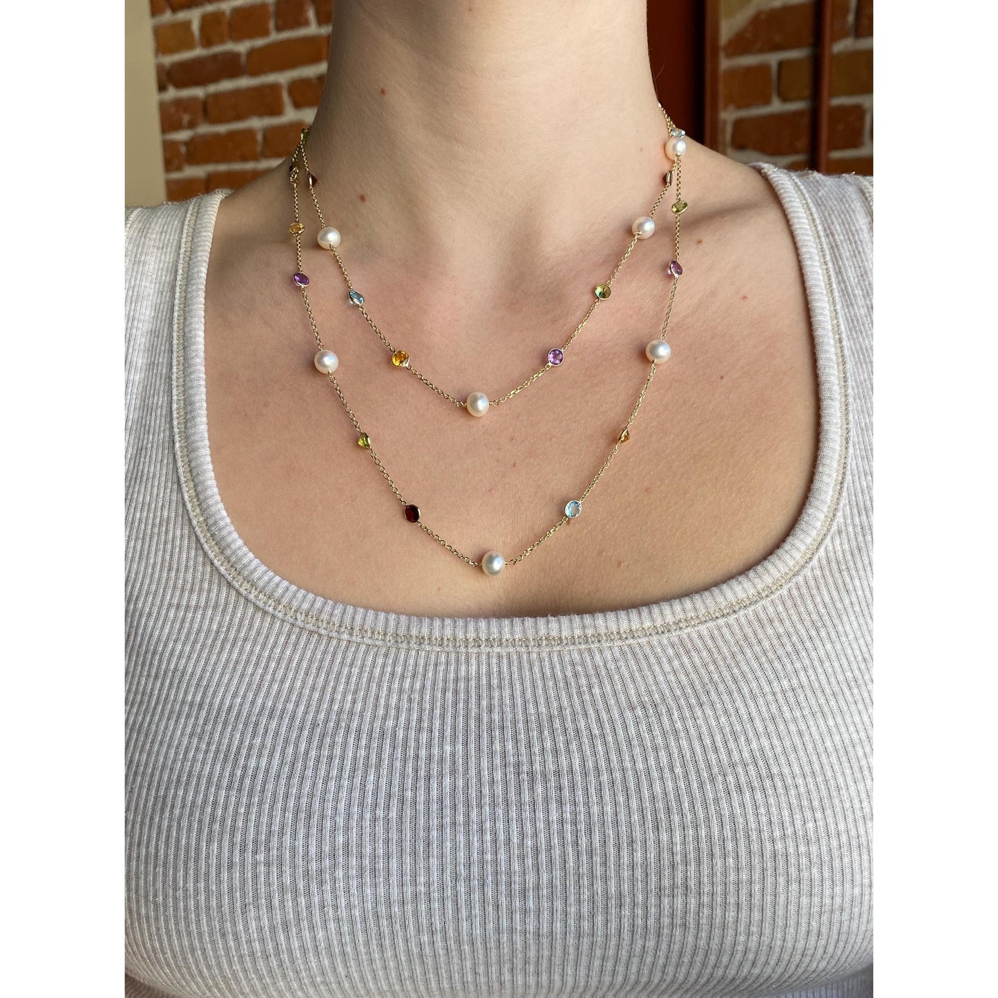 Solid 14k Yellow Gold Pearl Peridot Amethyst Citrine Topaz Biker Link Chain Necklace - 38.5 inches