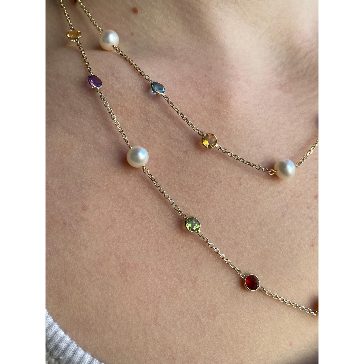 Solid 14k Yellow Gold Pearl Peridot Amethyst Citrine Topaz Biker Link Chain Necklace - 38.5 inches