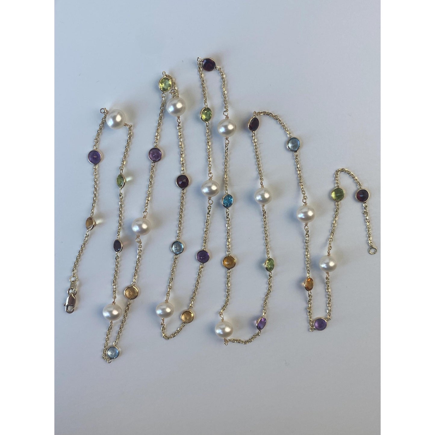 Solid 14k Yellow Gold Pearl Peridot Amethyst Citrine Topaz Biker Link Chain Necklace - 38.5 inches