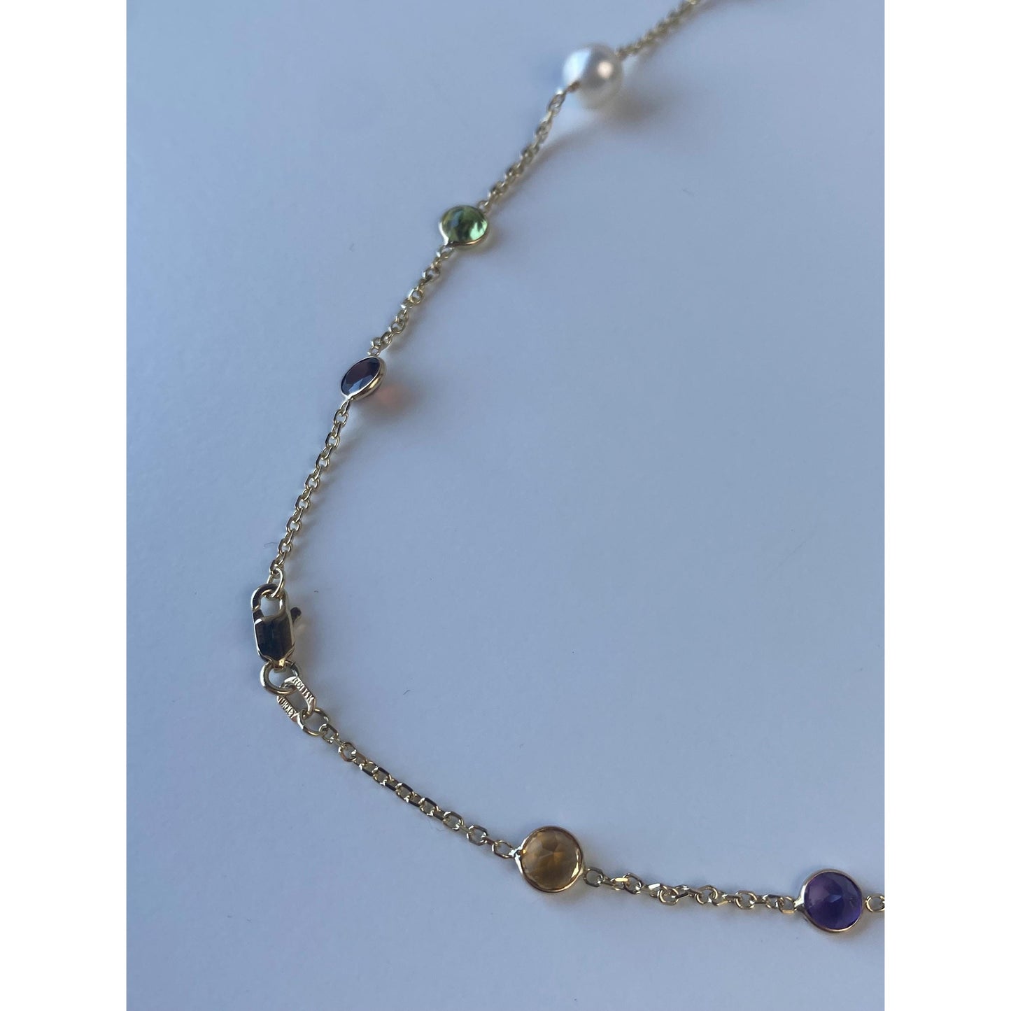 Solid 14k Yellow Gold Pearl Peridot Amethyst Citrine Topaz Biker Link Chain Necklace - 38.5 inches