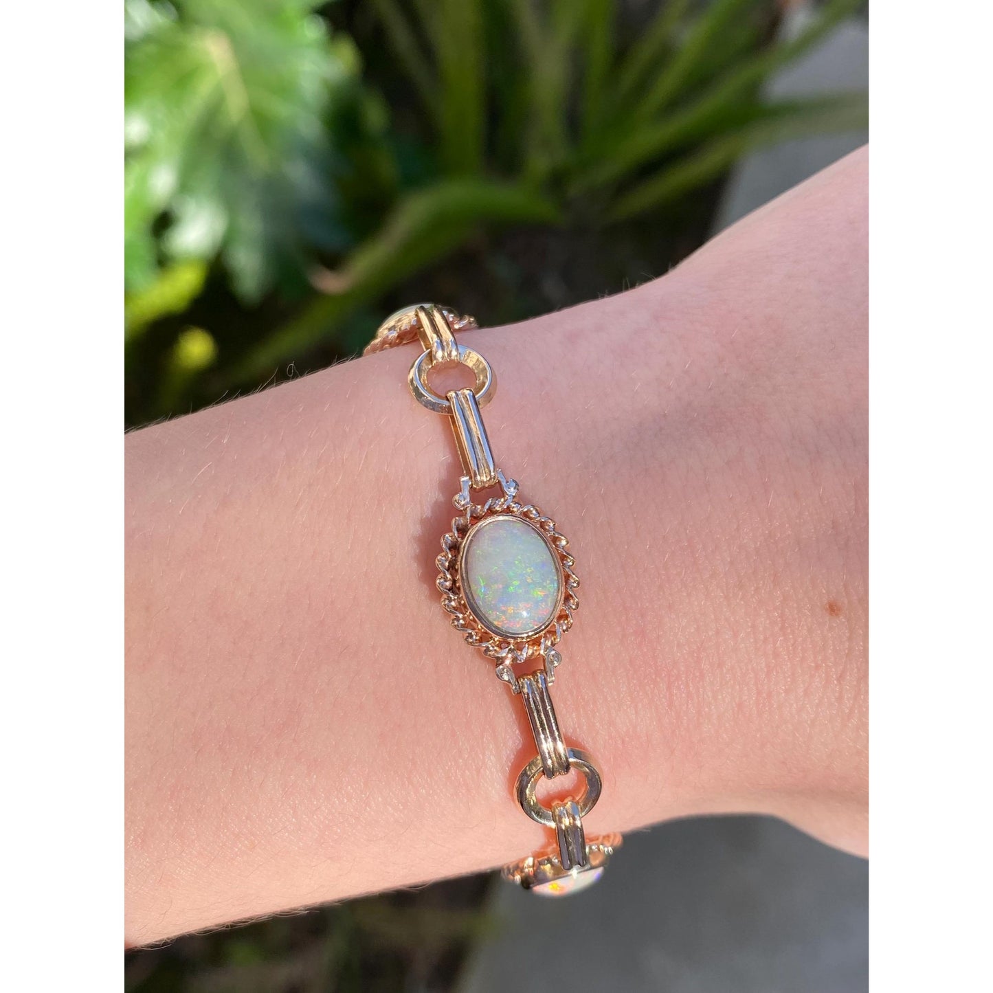 Vintage Solid 14k Yellow Gold Opal Link Bracelet - 7.25 inches