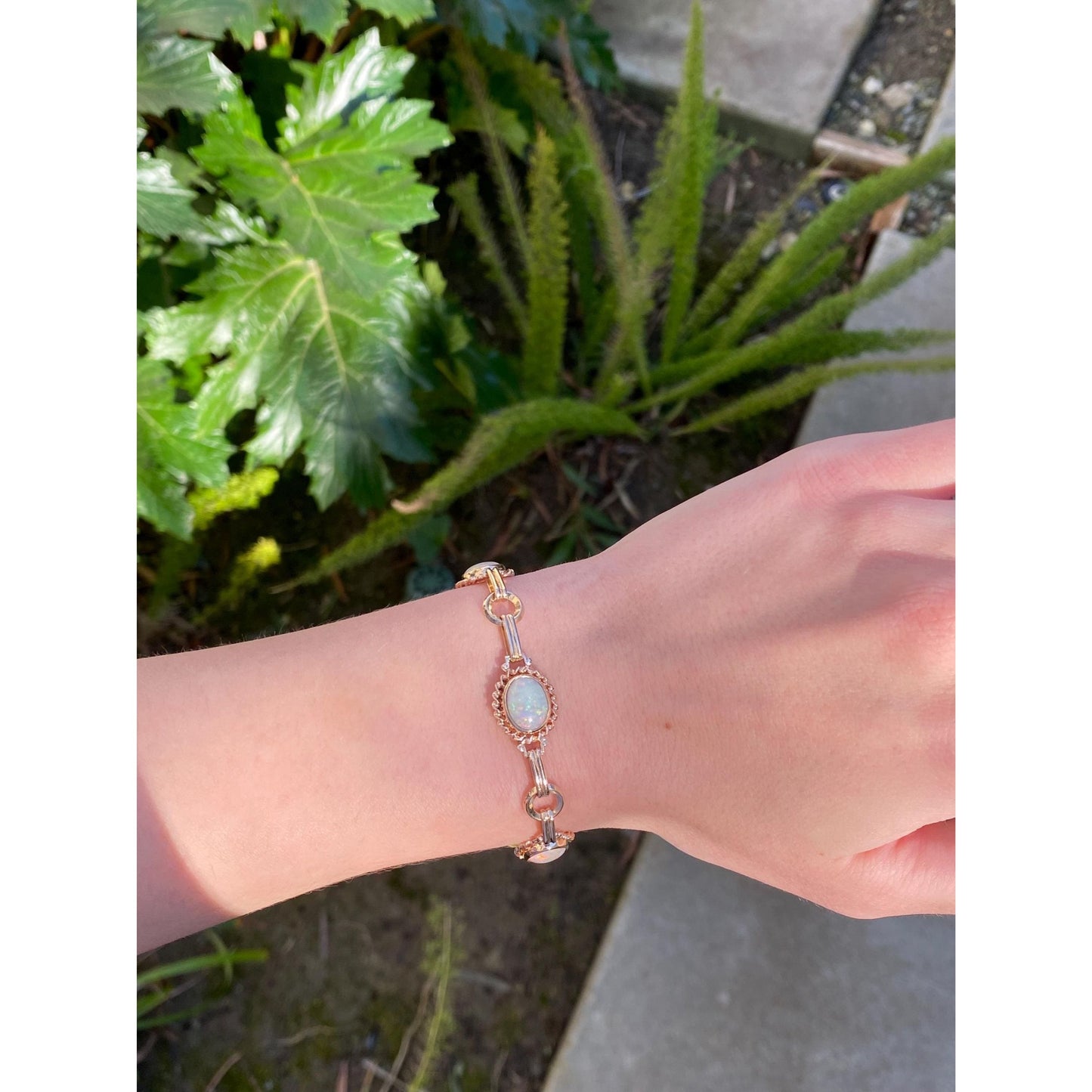 Vintage Solid 14k Yellow Gold Opal Link Bracelet - 7.25 inches