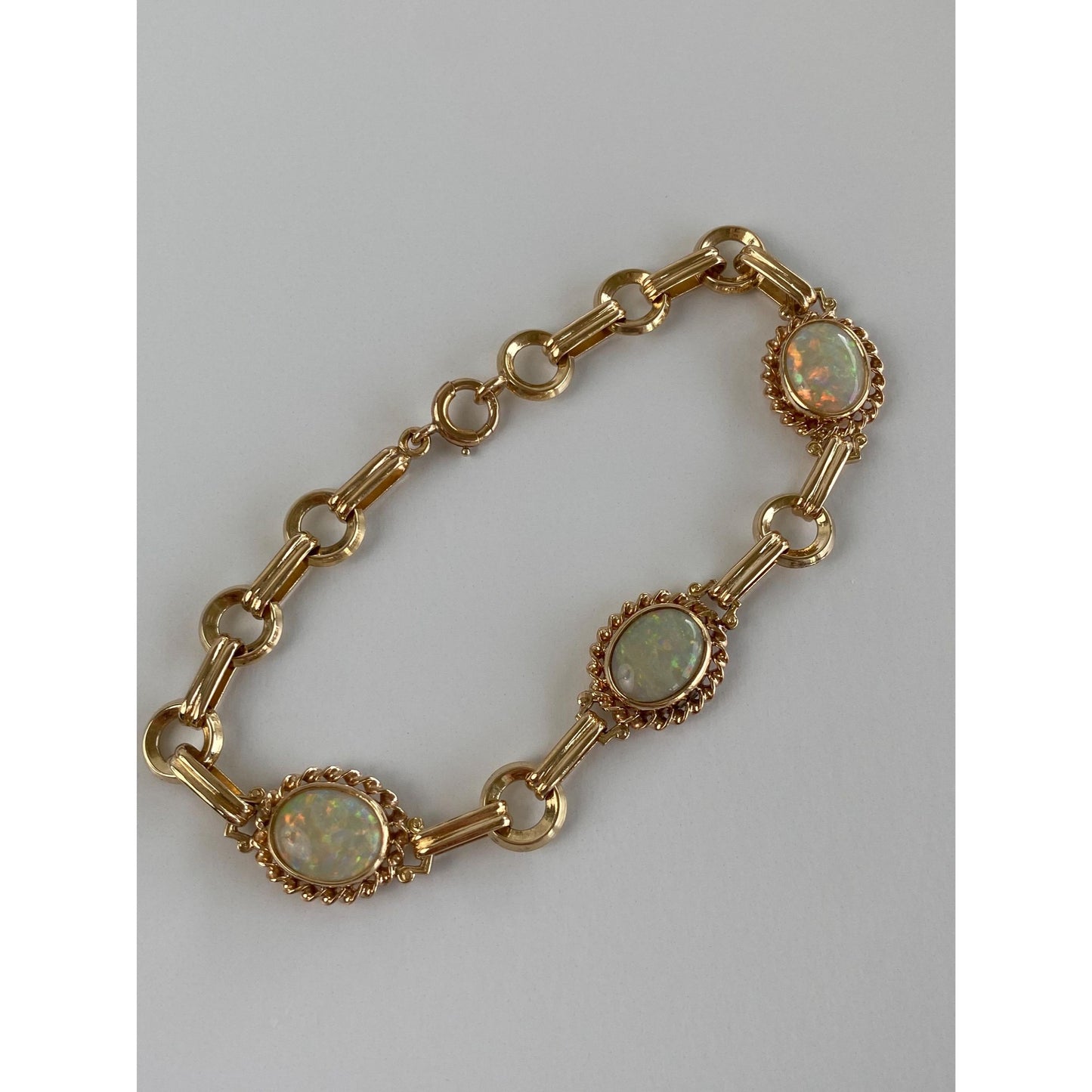 Vintage Solid 14k Yellow Gold Opal Link Bracelet - 7.25 inches