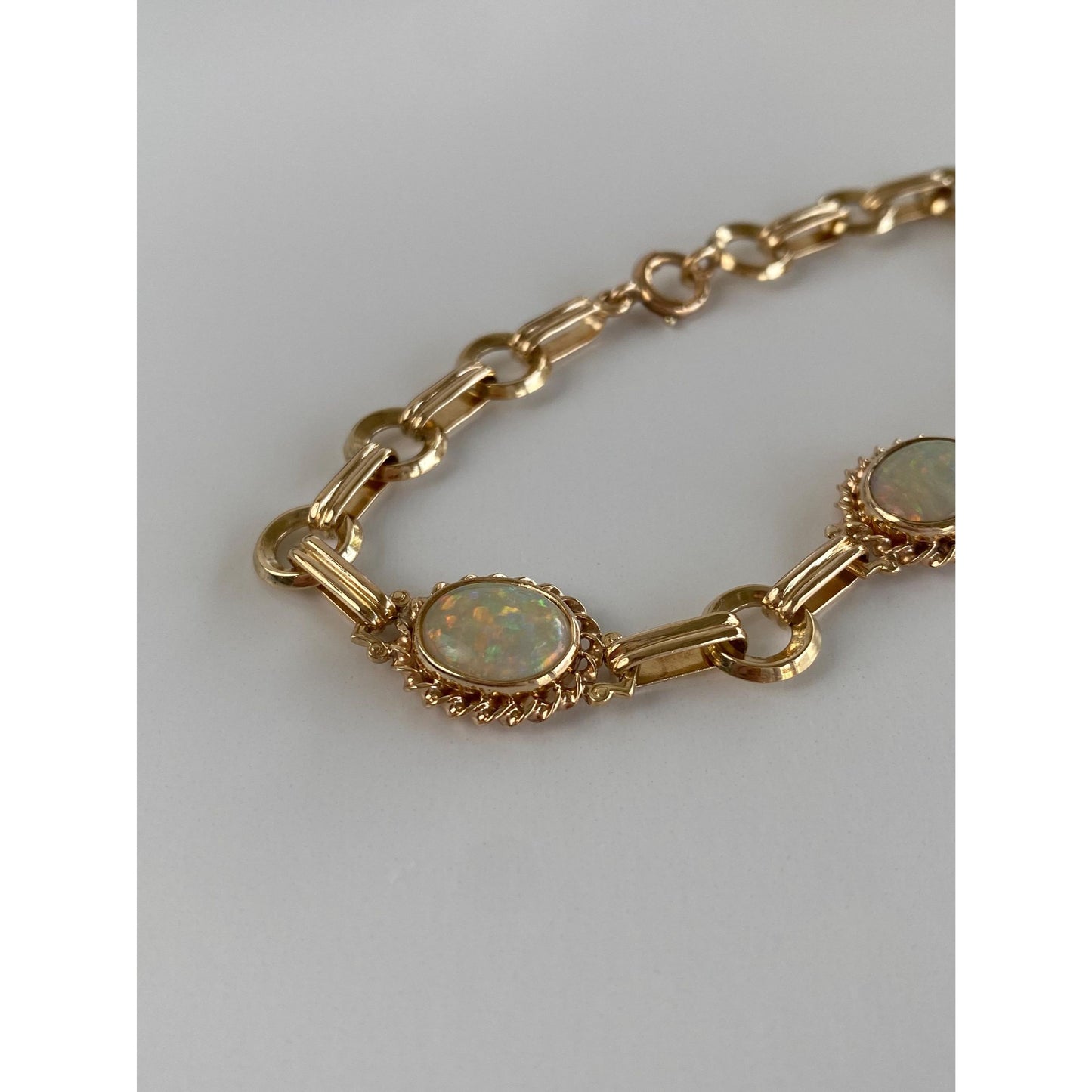 Vintage Solid 14k Yellow Gold Opal Link Bracelet - 7.25 inches