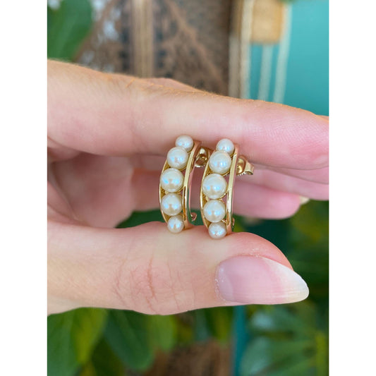 Vintage Solid 14k Yellow Gold Pearls Drop Earrings