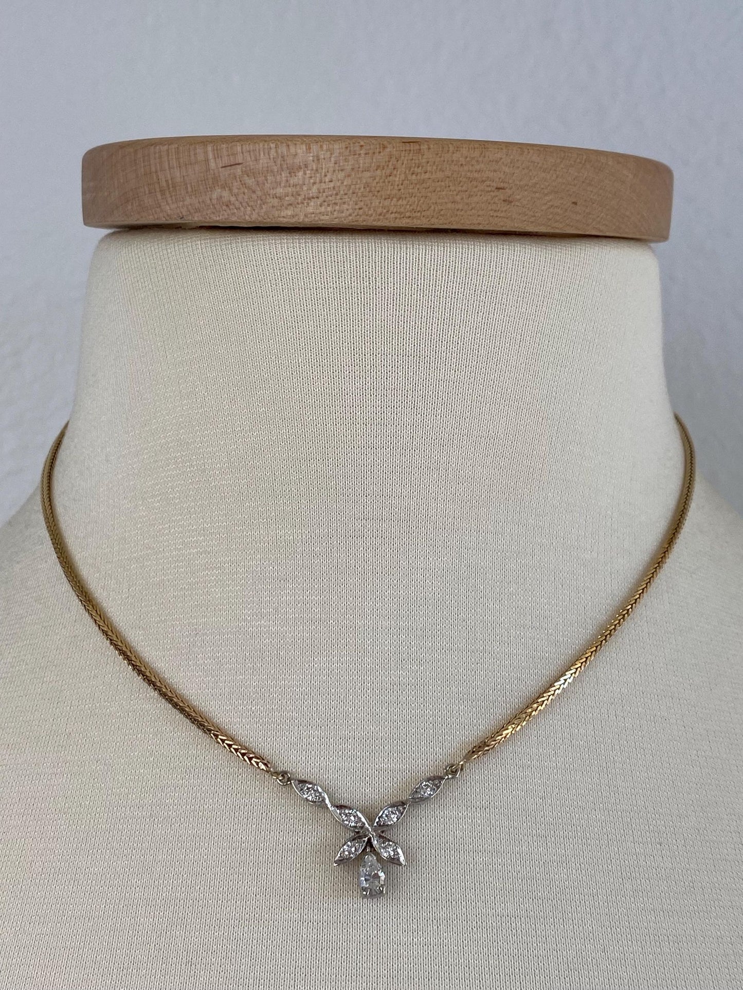 Vintage Solid 10k White & Yellow Gold Diamonds Square Wheat Chain Necklace - 16.25 inches