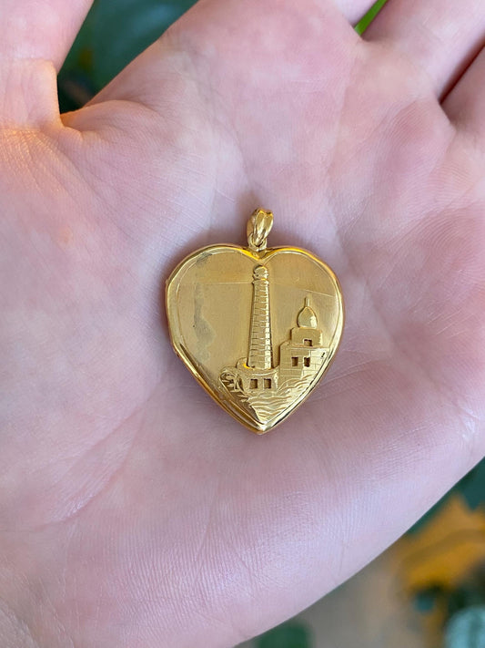 Vintage Solid 20k Yellow Gold Ship Scenic Town Heart Locket Charm