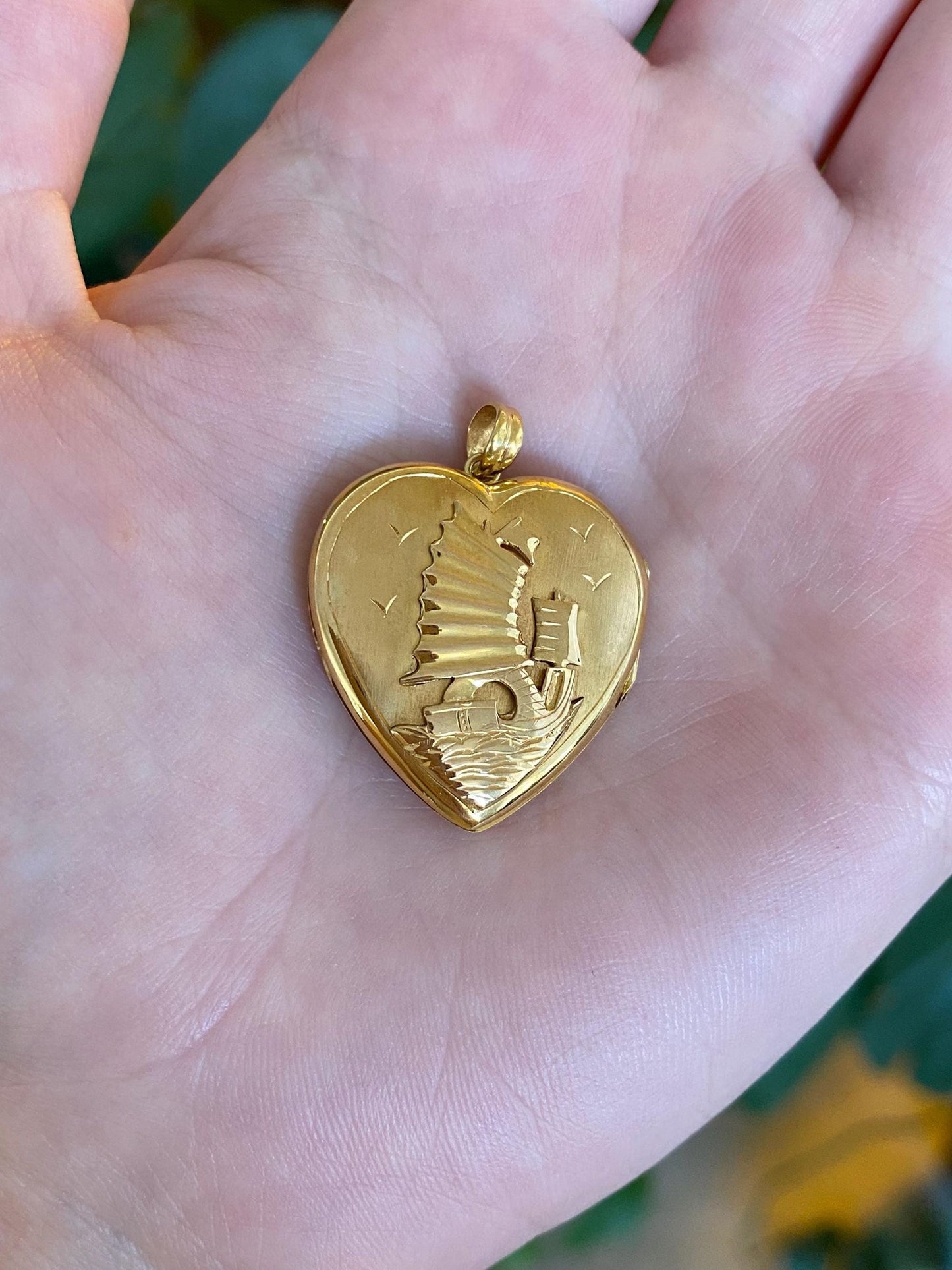 Vintage Solid 20k Yellow Gold Ship Scenic Town Heart Locket Charm