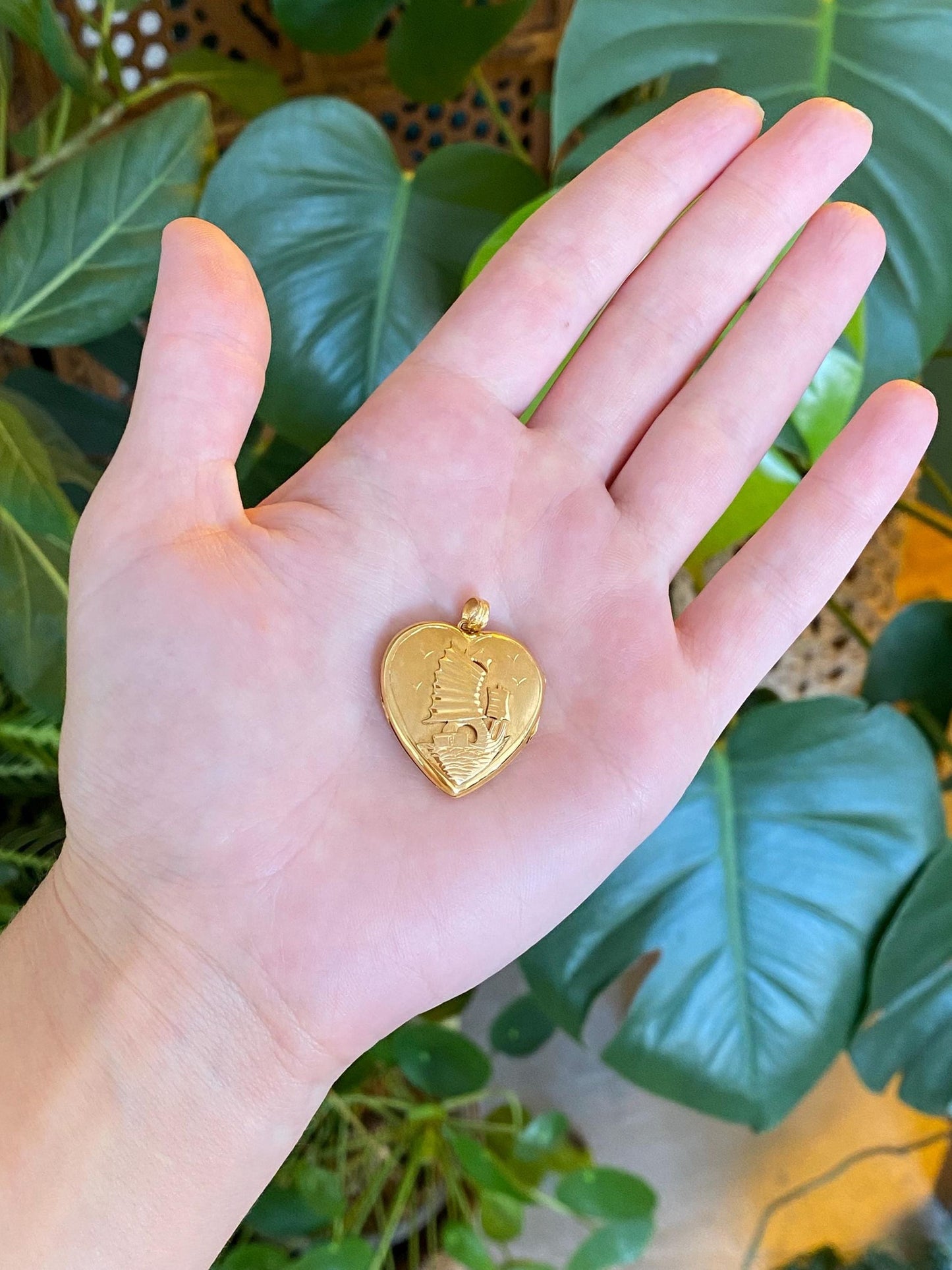 Vintage Solid 20k Yellow Gold Ship Scenic Town Heart Locket Charm
