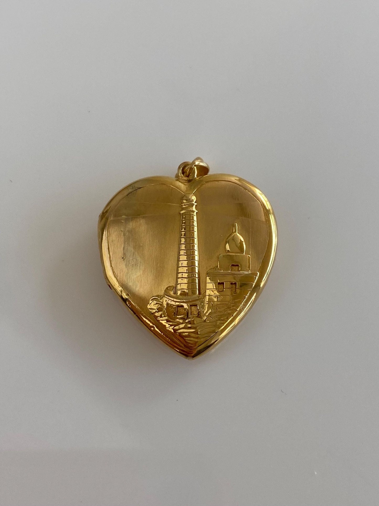Vintage Solid 20k Yellow Gold Ship Scenic Town Heart Locket Charm
