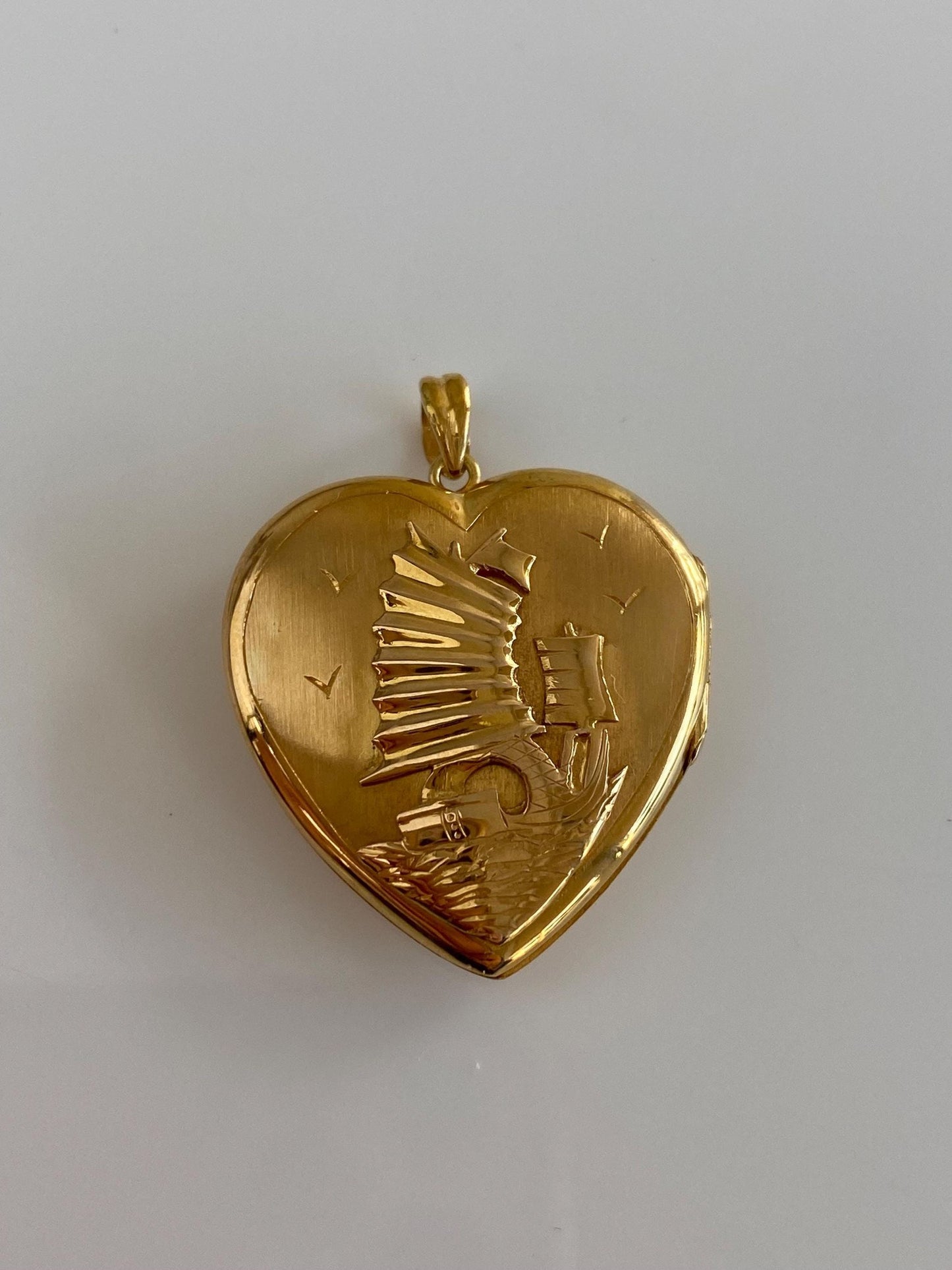 Vintage Solid 20k Yellow Gold Ship Scenic Town Heart Locket Charm