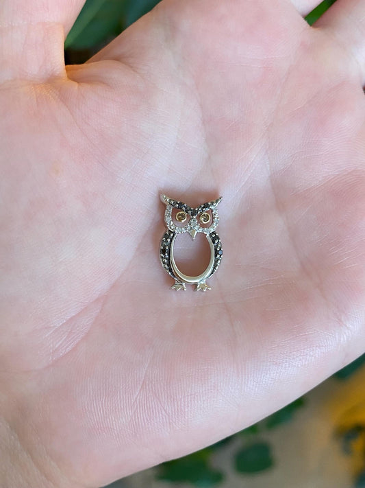 Vintage Solid 10k White & Yellow Gold Clear and Brown Diamonds Hematite Owl Charm