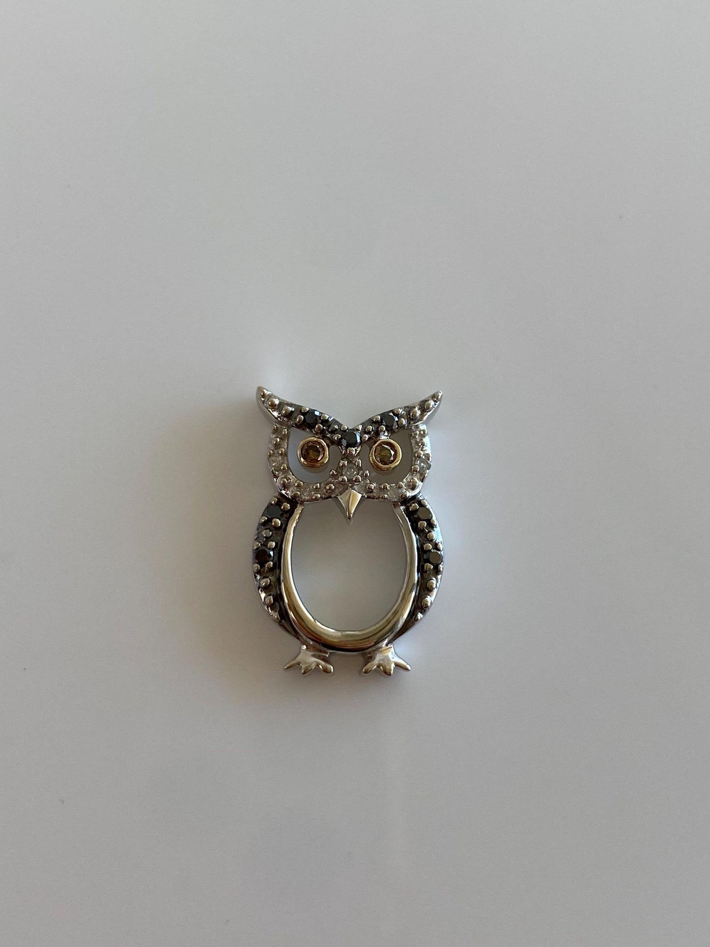 Vintage Solid 10k White & Yellow Gold Clear and Brown Diamonds Hematite Owl Charm