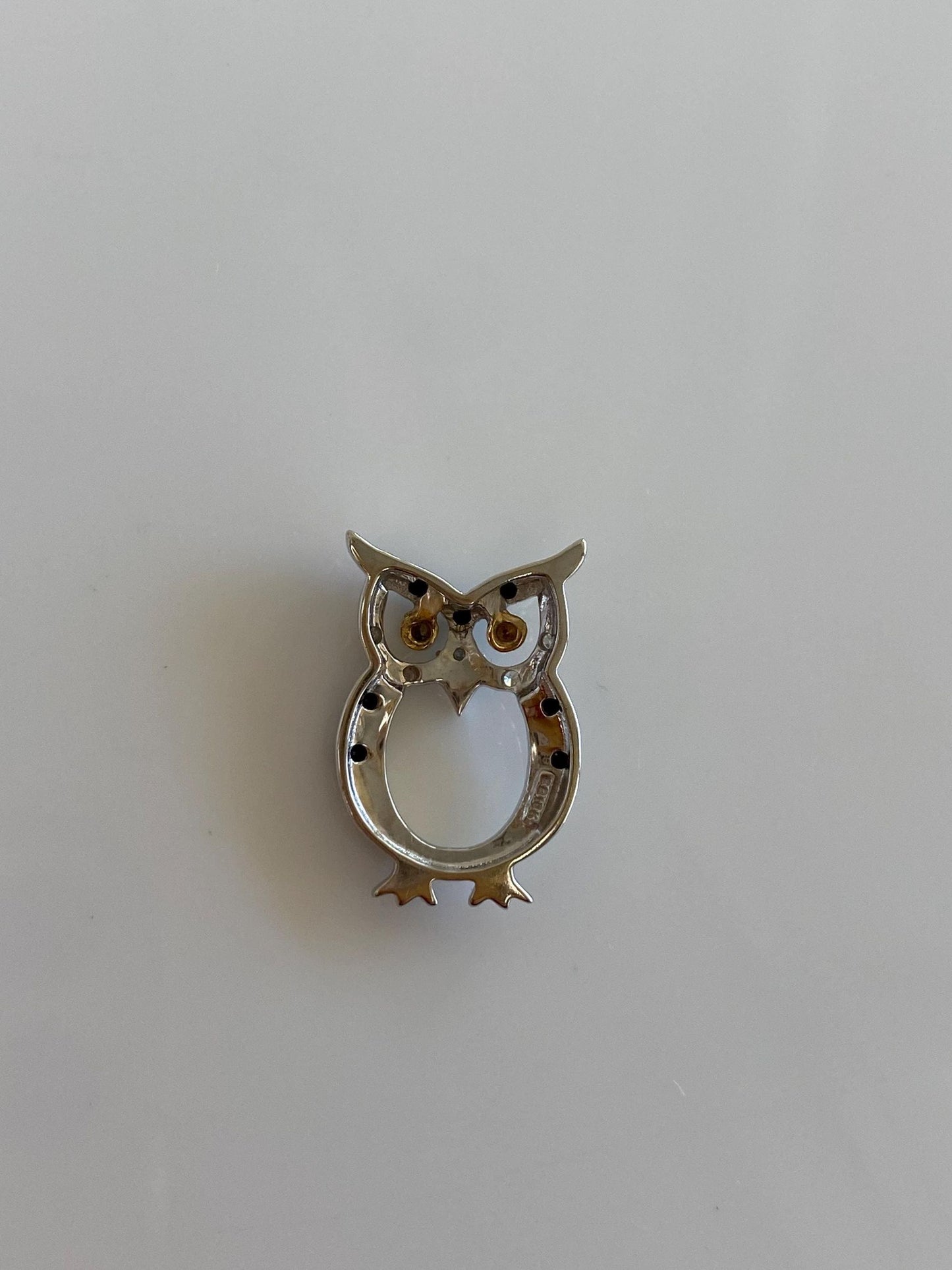 Vintage Solid 10k White & Yellow Gold Clear and Brown Diamonds Hematite Owl Charm