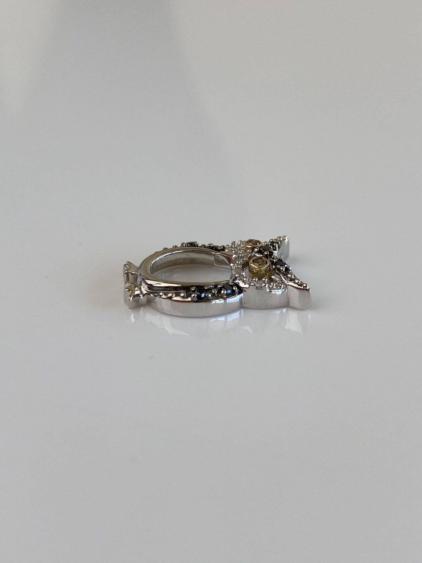 Vintage Solid 10k White & Yellow Gold Clear and Brown Diamonds Hematite Owl Charm