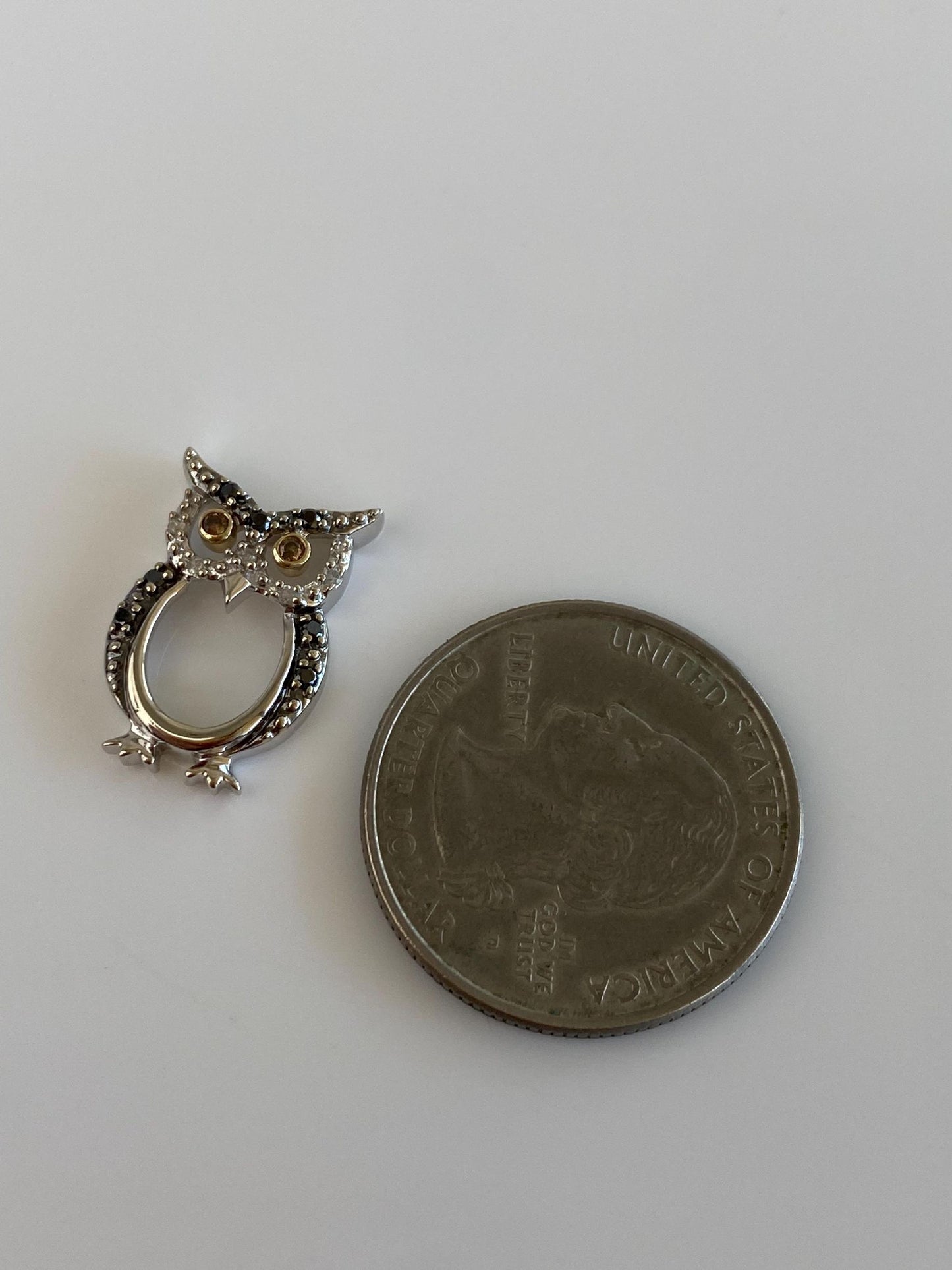 Vintage Solid 10k White & Yellow Gold Clear and Brown Diamonds Hematite Owl Charm