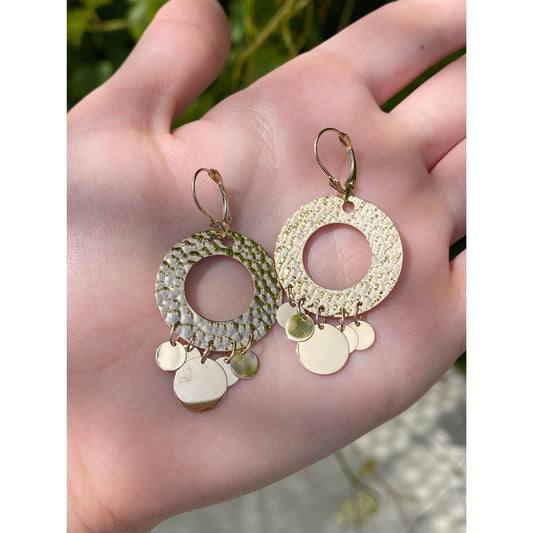 Vintage Solid 14k Yellow Gold Hammered Chandelier Fringe Dangle Earrings