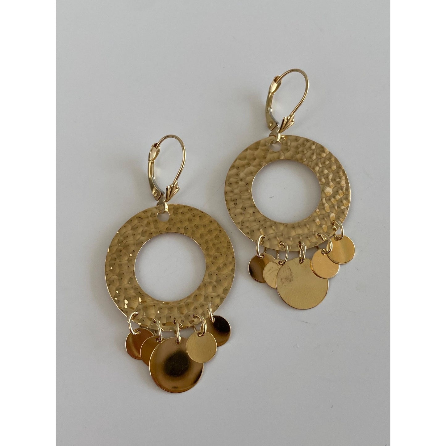 Vintage Solid 14k Yellow Gold Hammered Chandelier Fringe Dangle Earrings