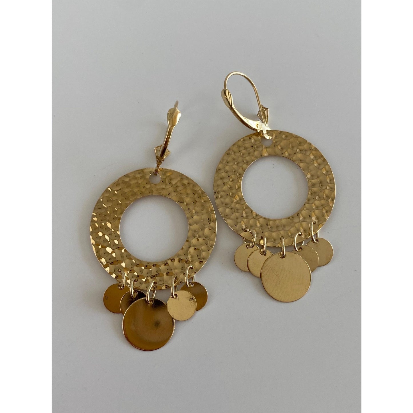 Vintage Solid 14k Yellow Gold Hammered Chandelier Fringe Dangle Earrings