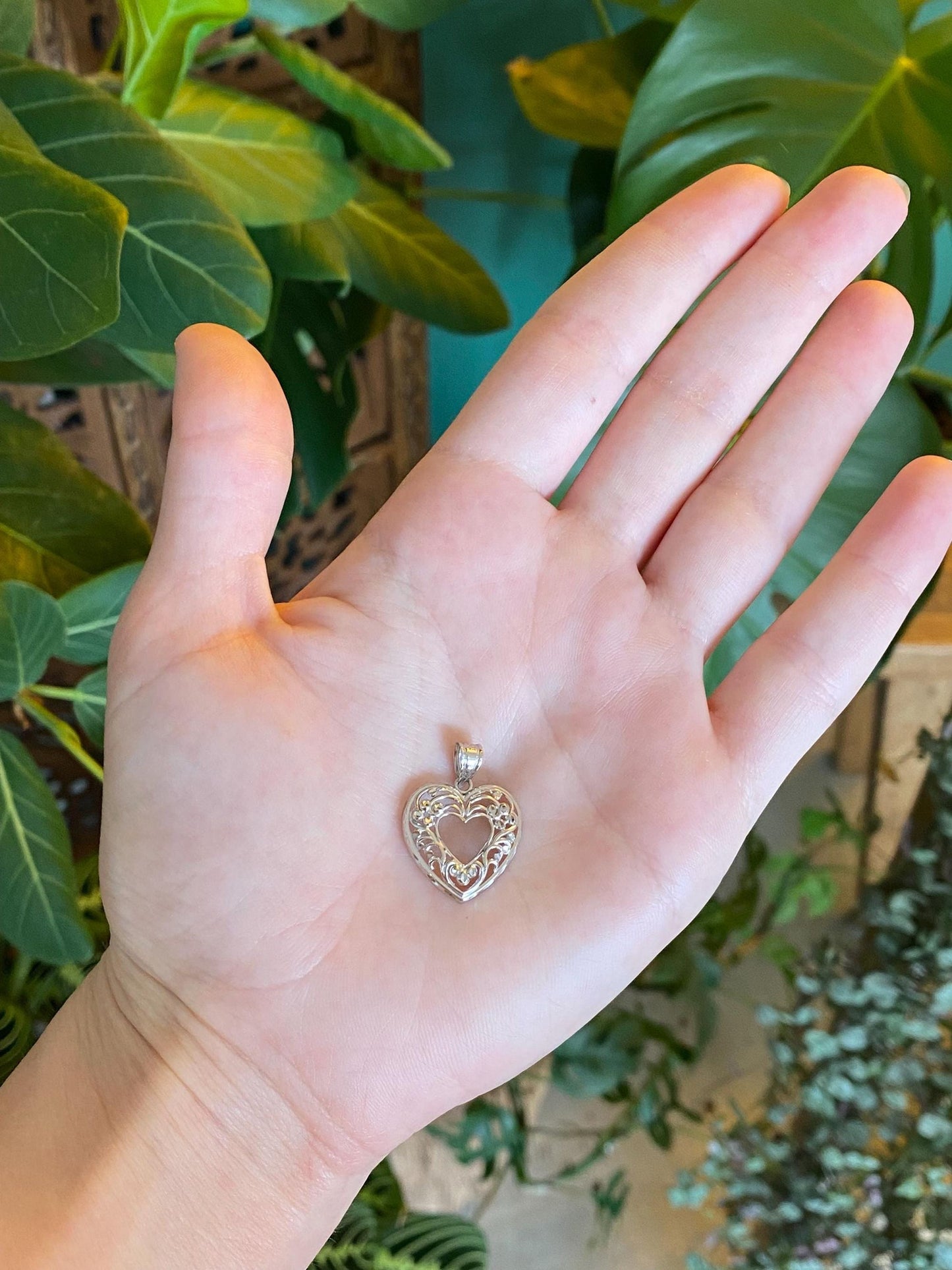 Solid 14k White Gold Open Work Heart Charm