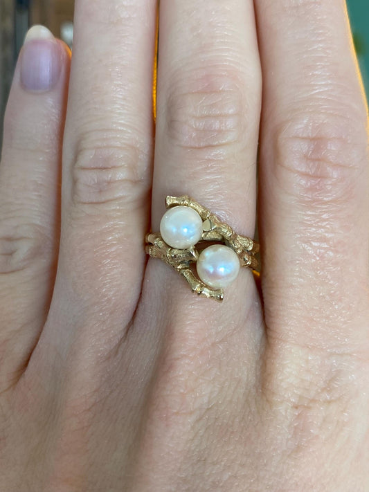 Vintage Solid 14k Yellow Gold Pearls Bamboo Ring - Size 6