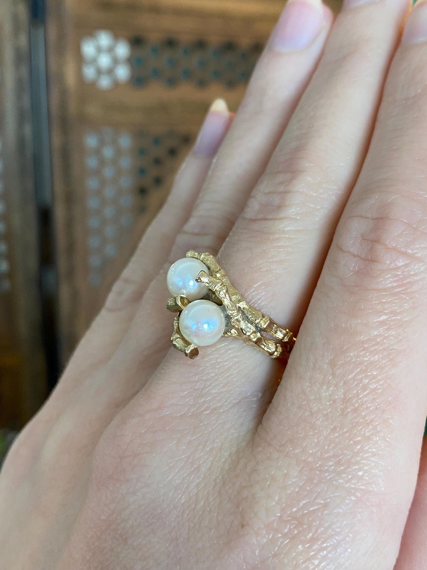 Vintage Solid 14k Yellow Gold Pearls Bamboo Ring - Size 6