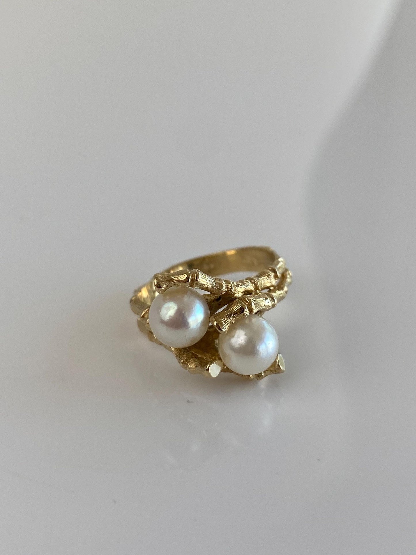 Vintage Solid 14k Yellow Gold Pearls Bamboo Ring - Size 6