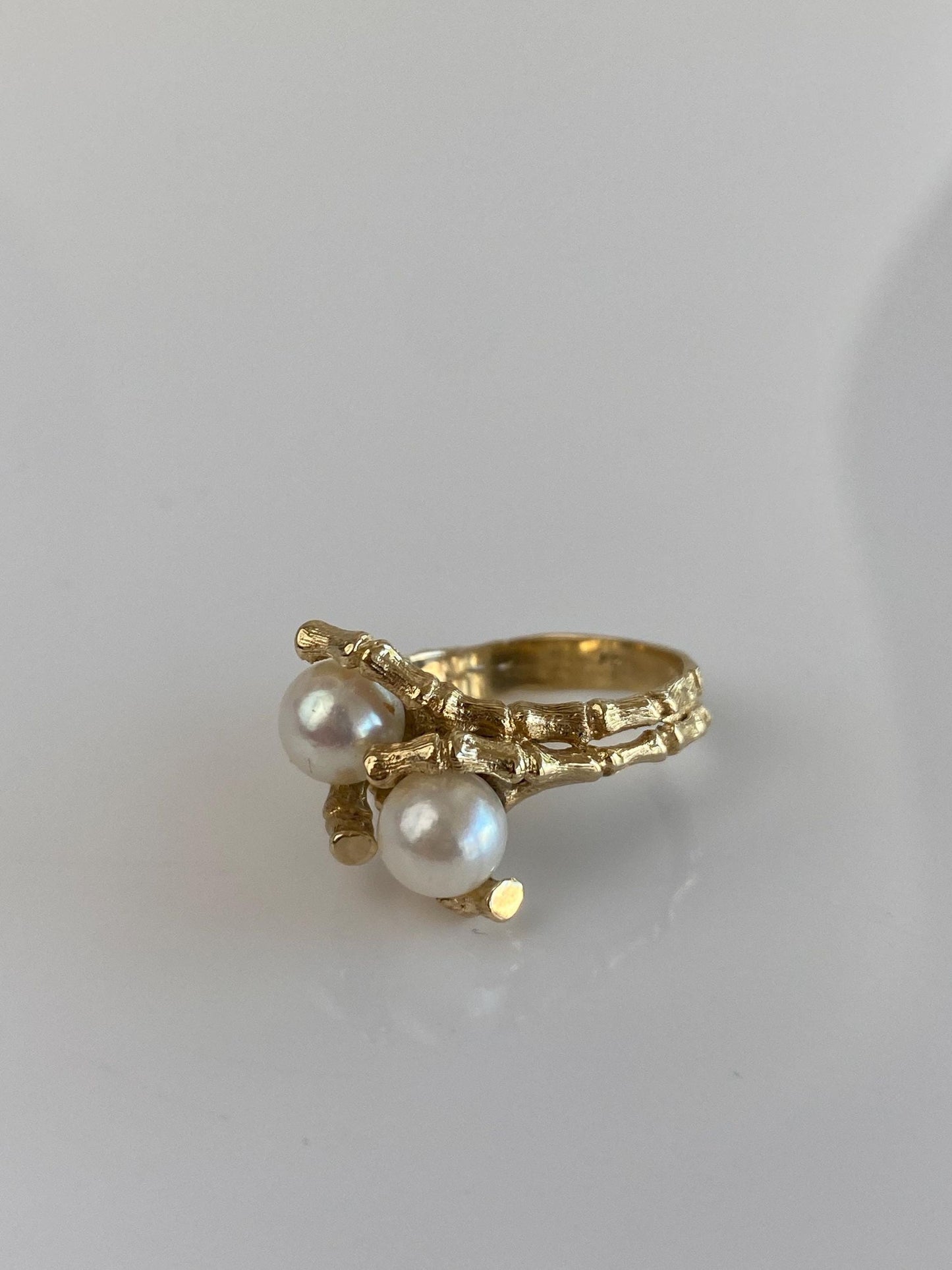 Vintage Solid 14k Yellow Gold Pearls Bamboo Ring - Size 6